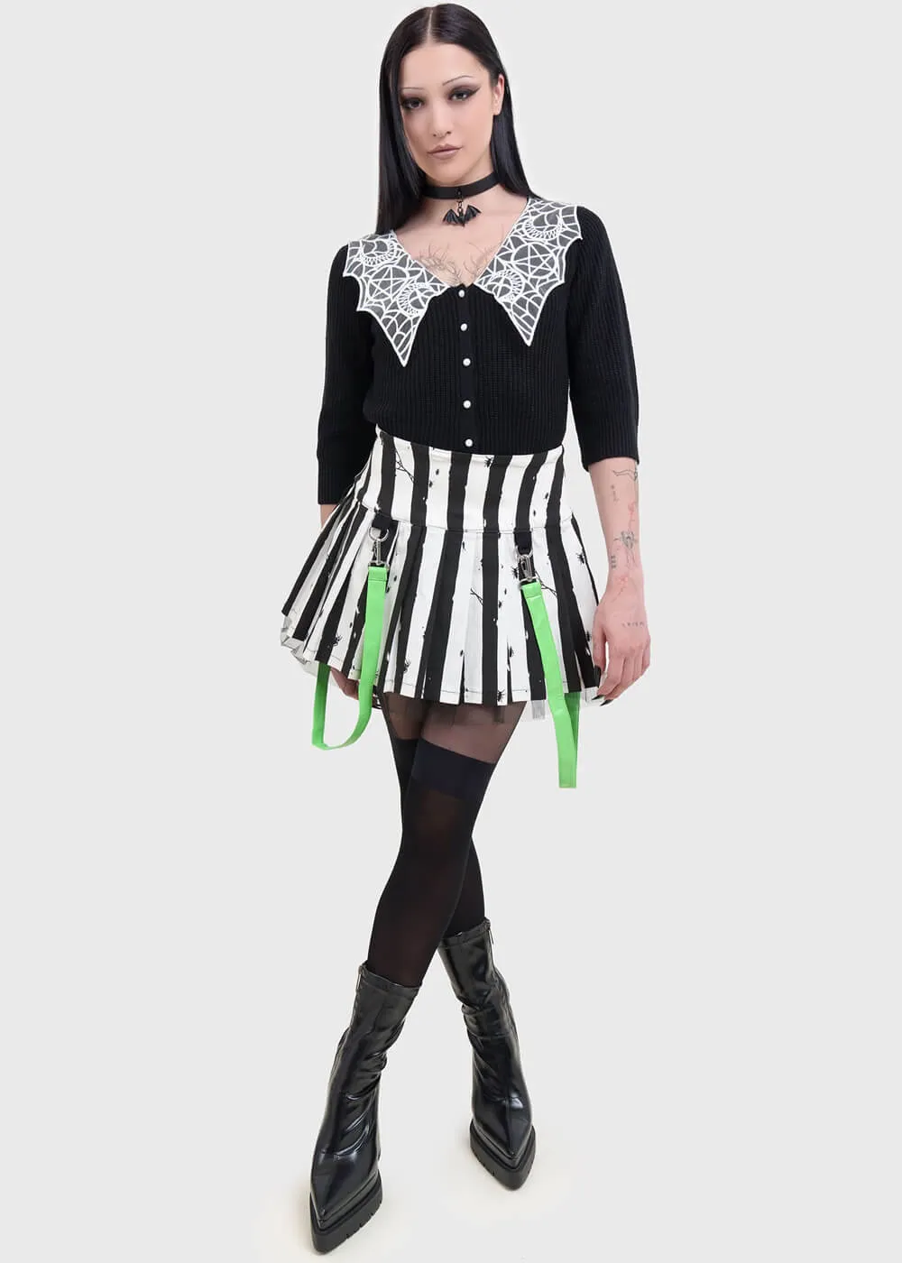 Killstar x Beetlejuice Distressed Stripe Pleated Mini Skirt Black White