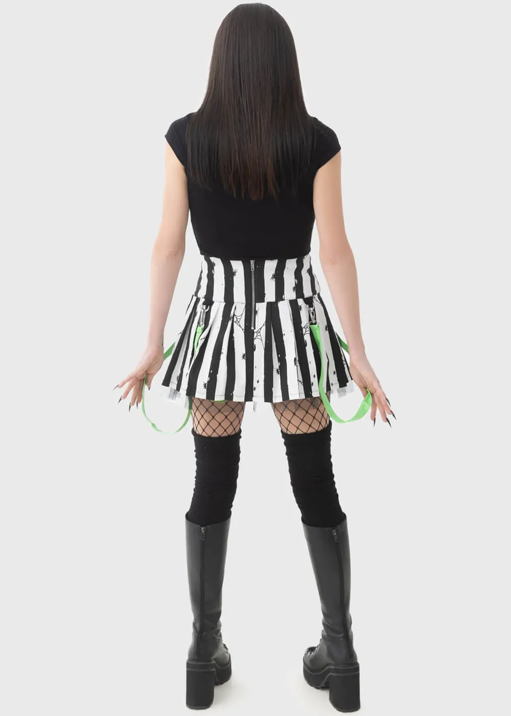 Killstar x Beetlejuice Distressed Stripe Pleated Mini Skirt Black White