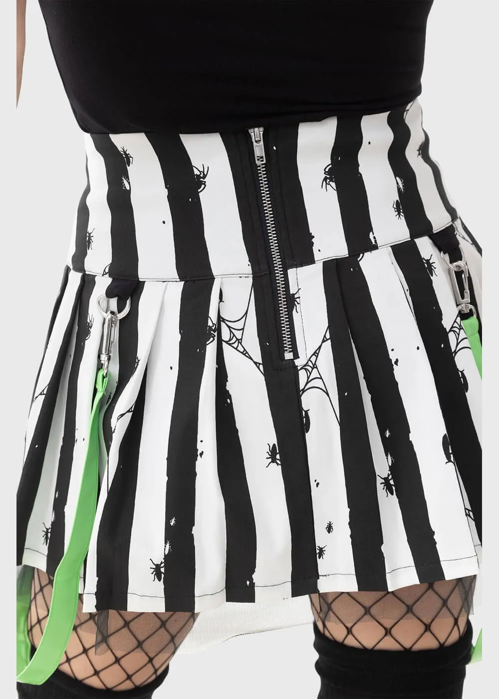 Killstar x Beetlejuice Distressed Stripe Pleated Mini Skirt Black White