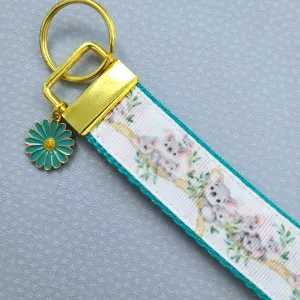 Koala Bear Family in Watercolor Gold Key Chain Fob with Enameled Flower Charm