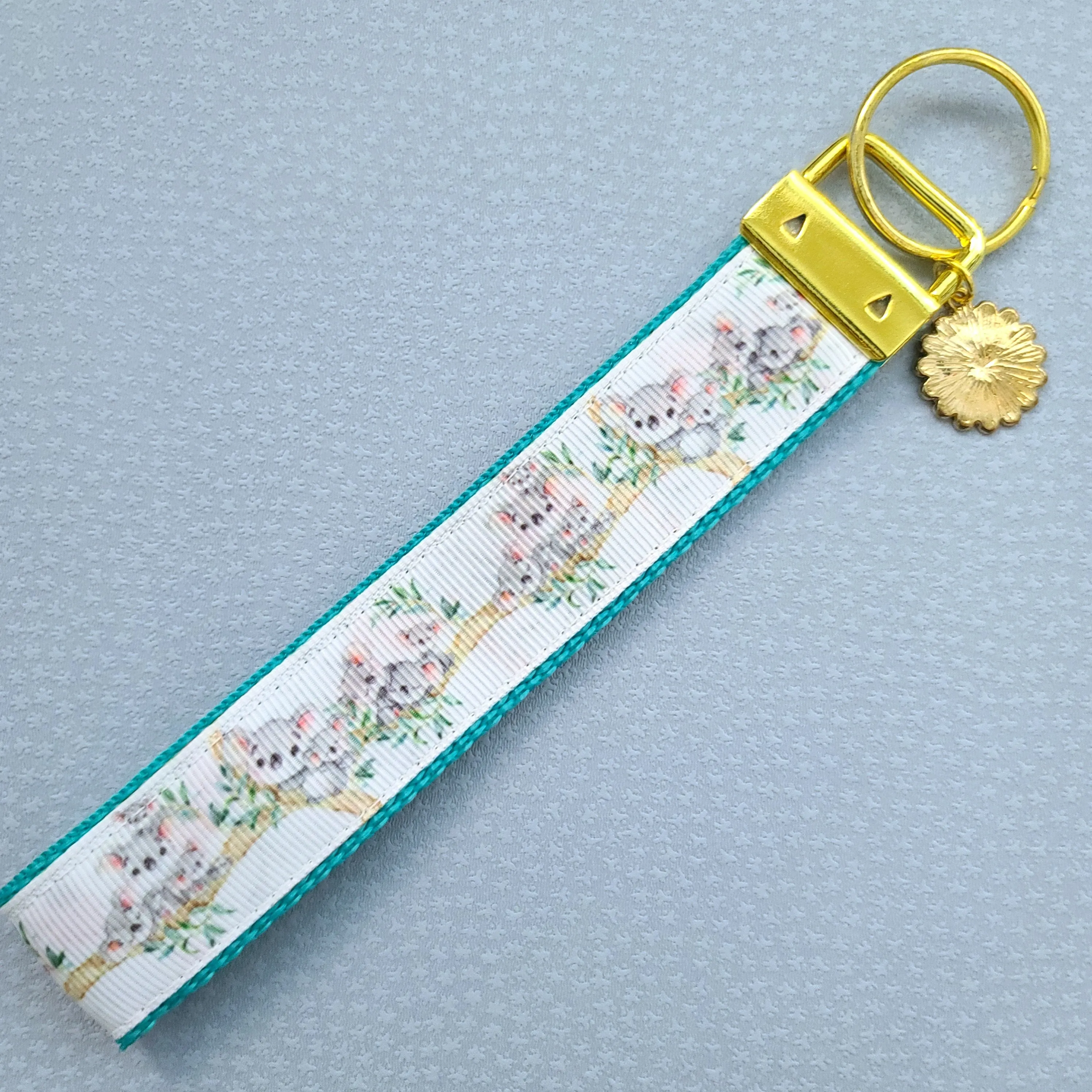 Koala Bear Family in Watercolor Gold Key Chain Fob with Enameled Flower Charm