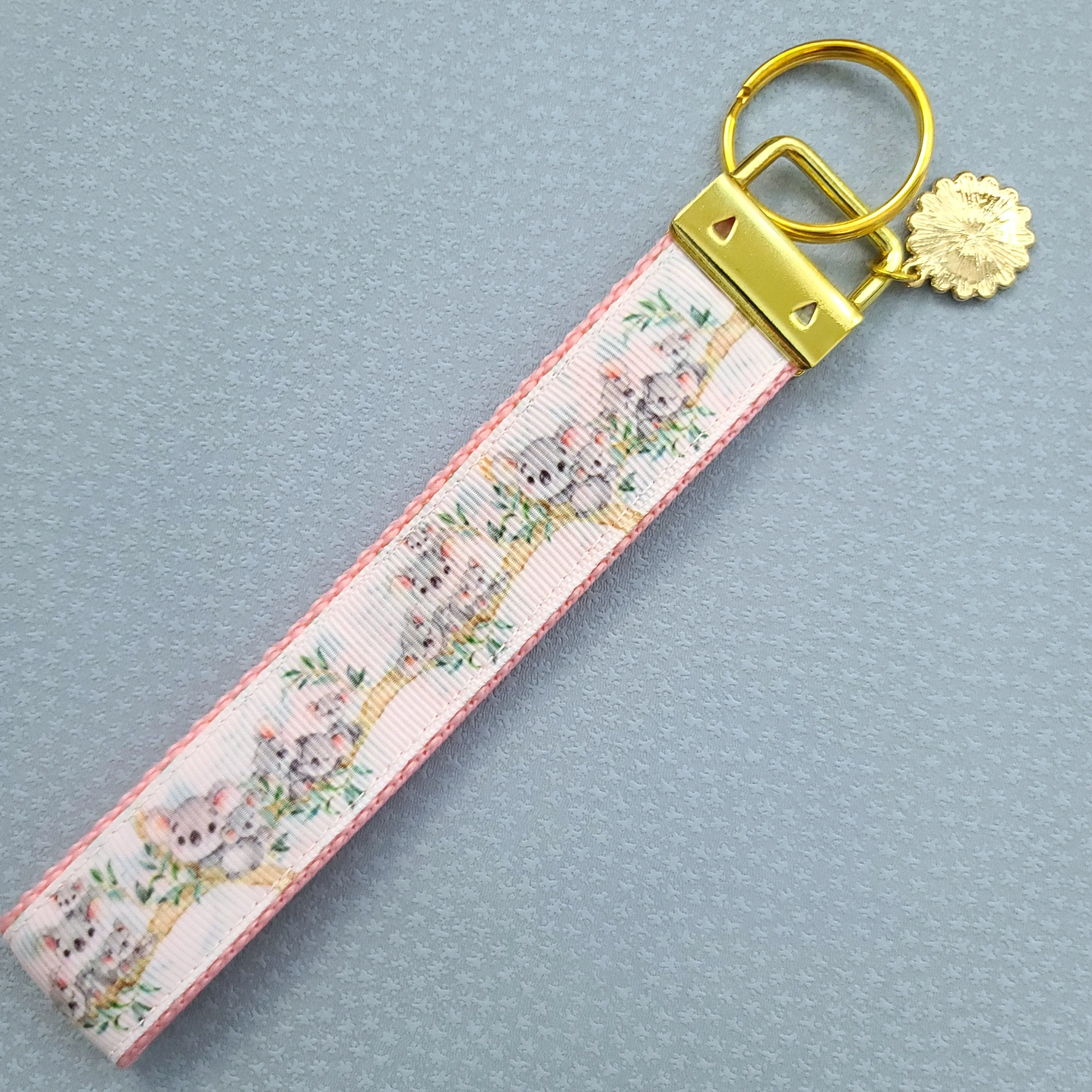 Koala Bear Family in Watercolor Gold Key Chain Fob with Enameled Flower Charm