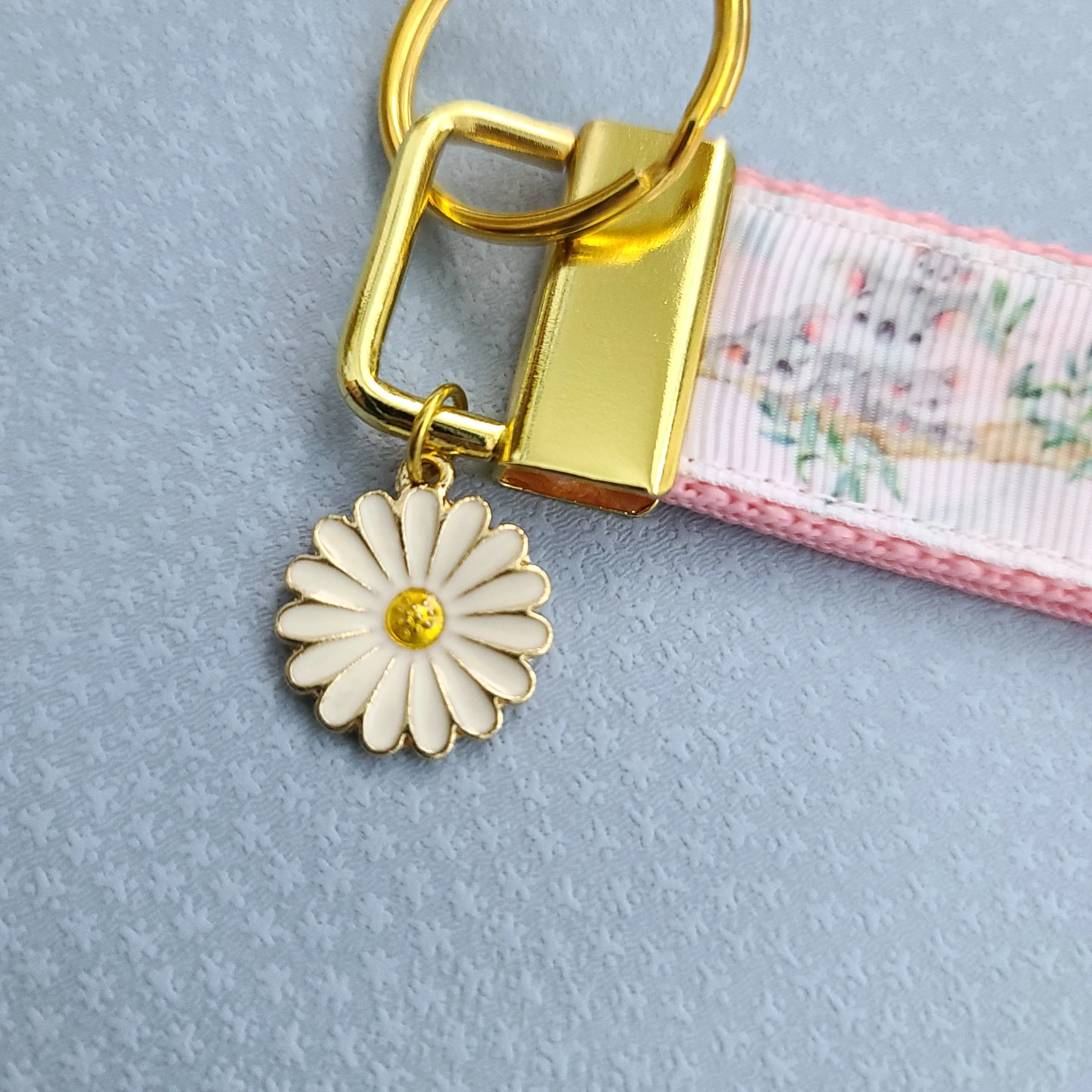 Koala Bear Family in Watercolor Gold Key Chain Fob with Enameled Flower Charm