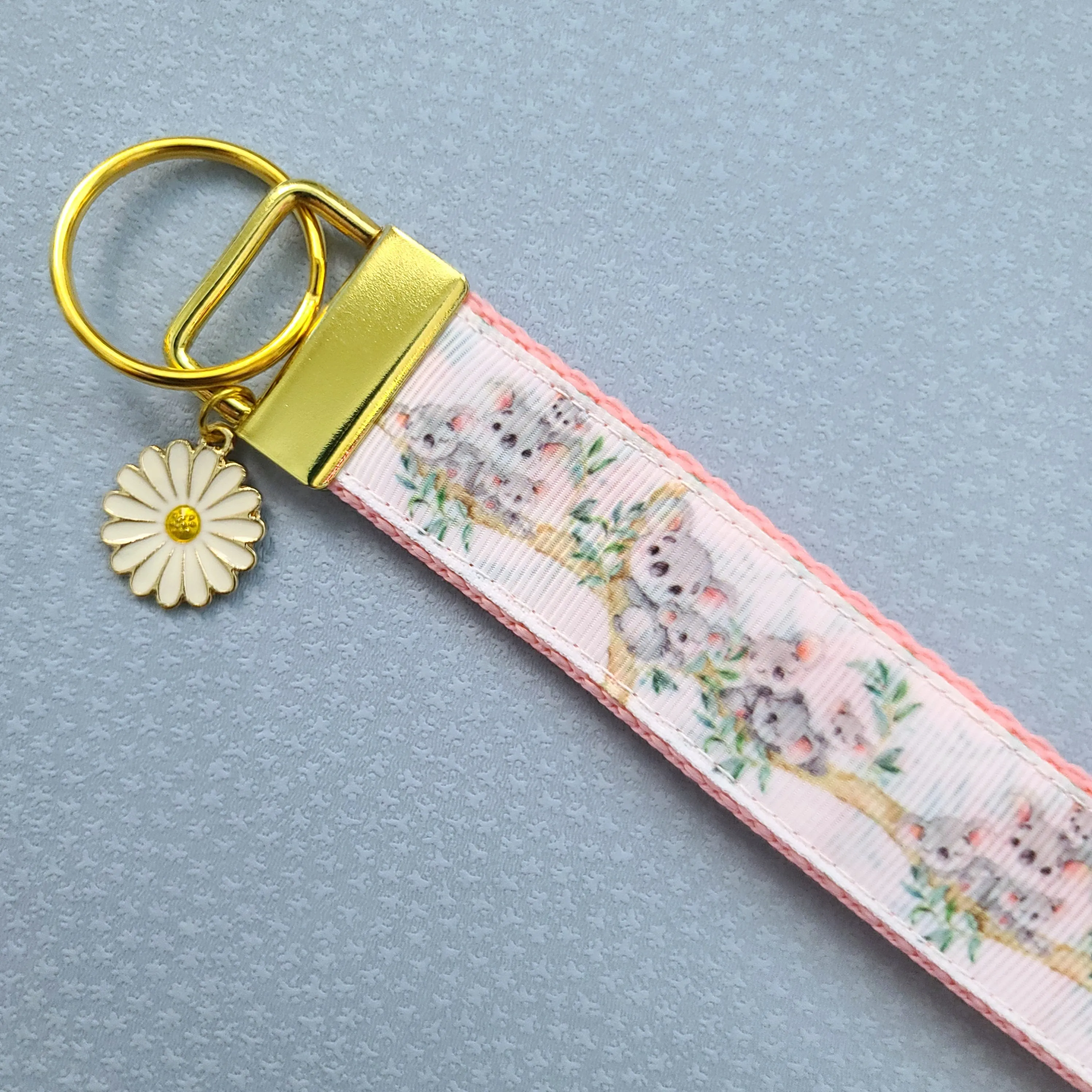 Koala Bear Family in Watercolor Gold Key Chain Fob with Enameled Flower Charm
