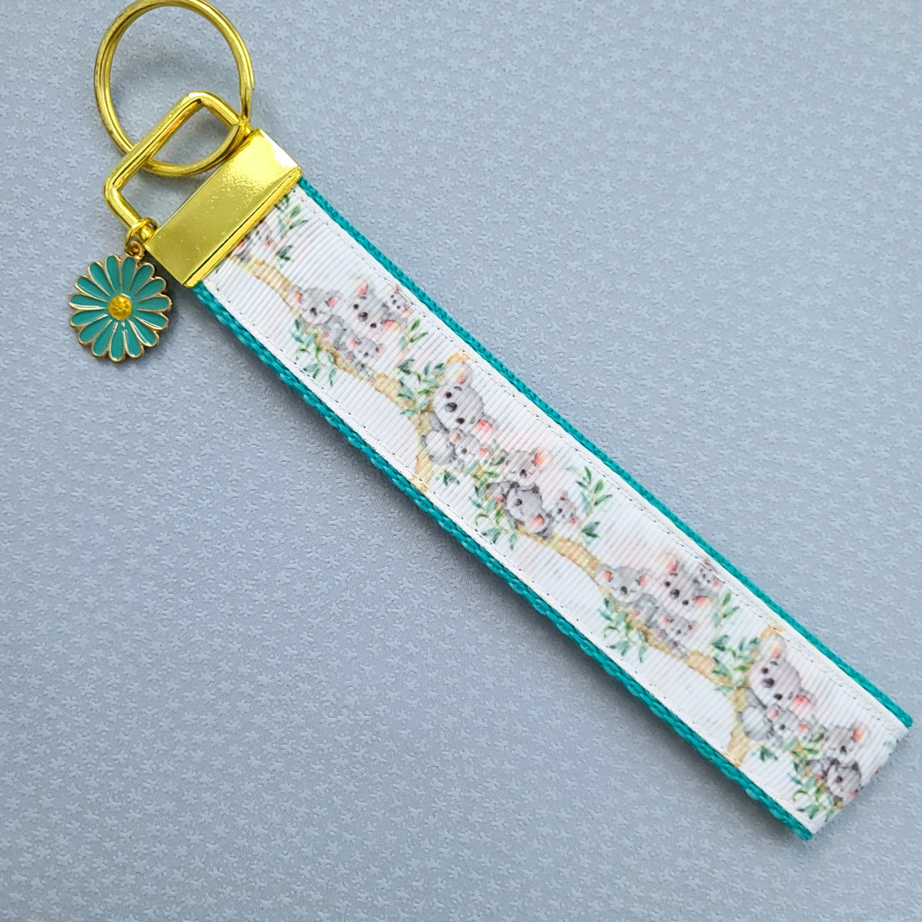 Koala Bear Family in Watercolor Gold Key Chain Fob with Enameled Flower Charm