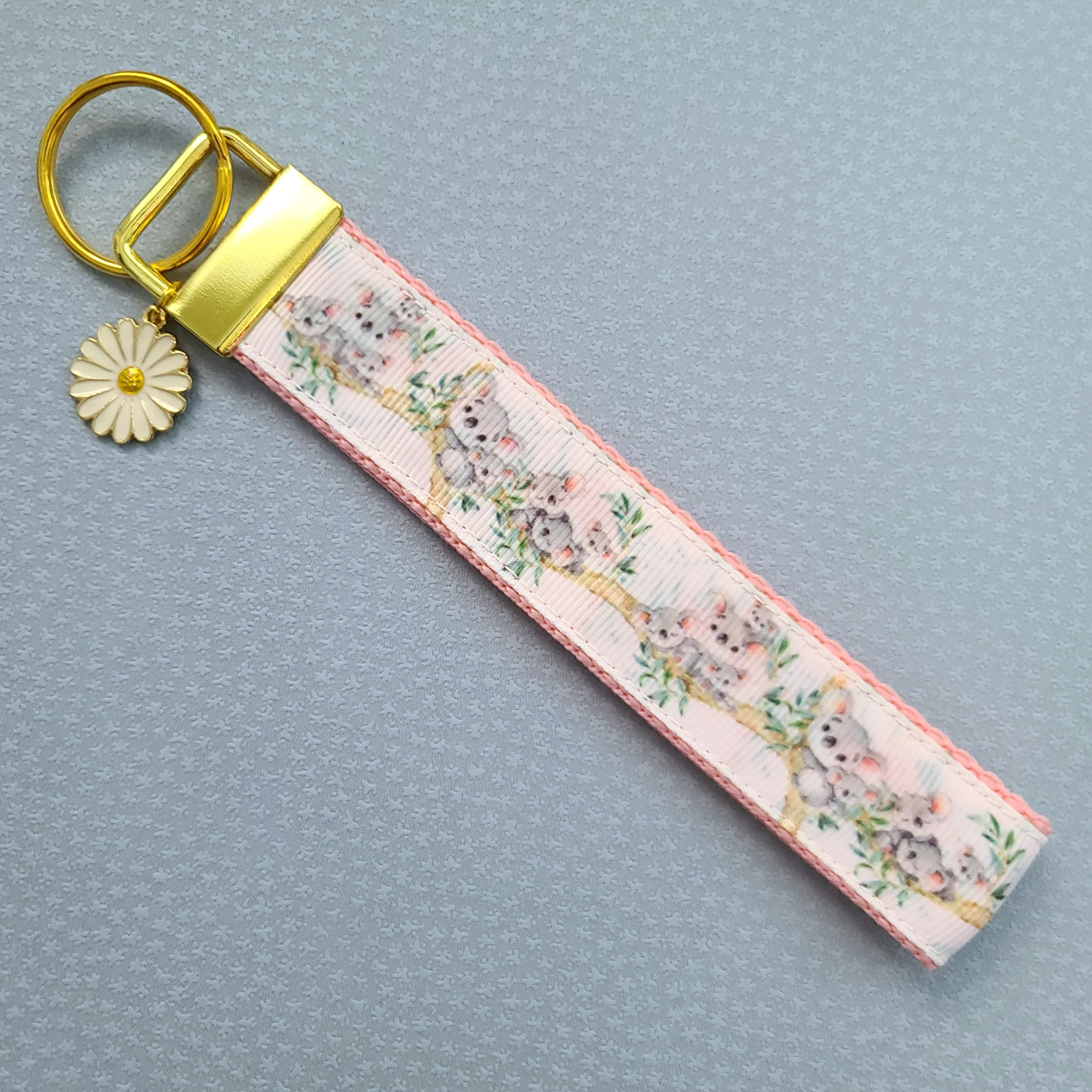 Koala Bear Family in Watercolor Gold Key Chain Fob with Enameled Flower Charm