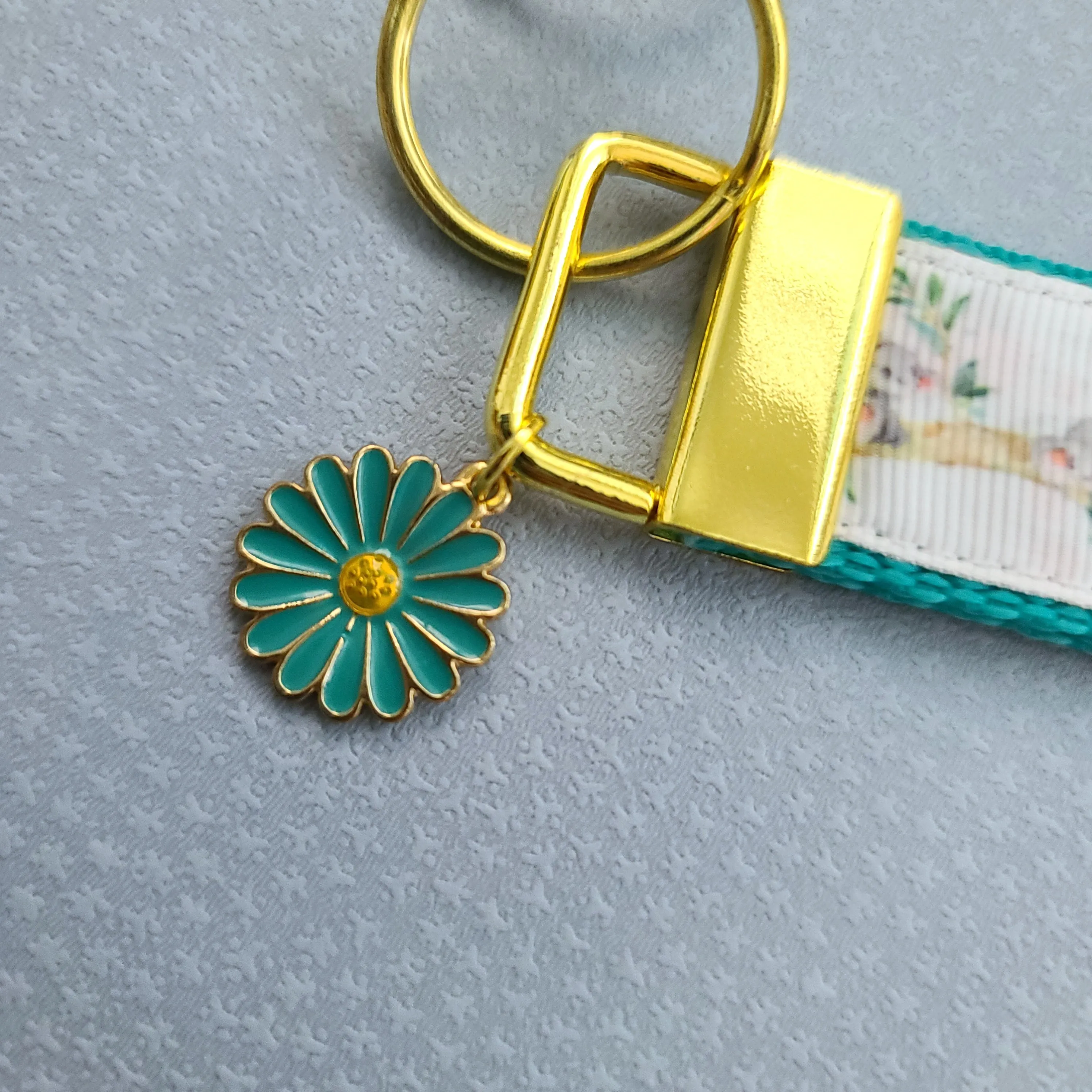 Koala Bear Family in Watercolor Gold Key Chain Fob with Enameled Flower Charm