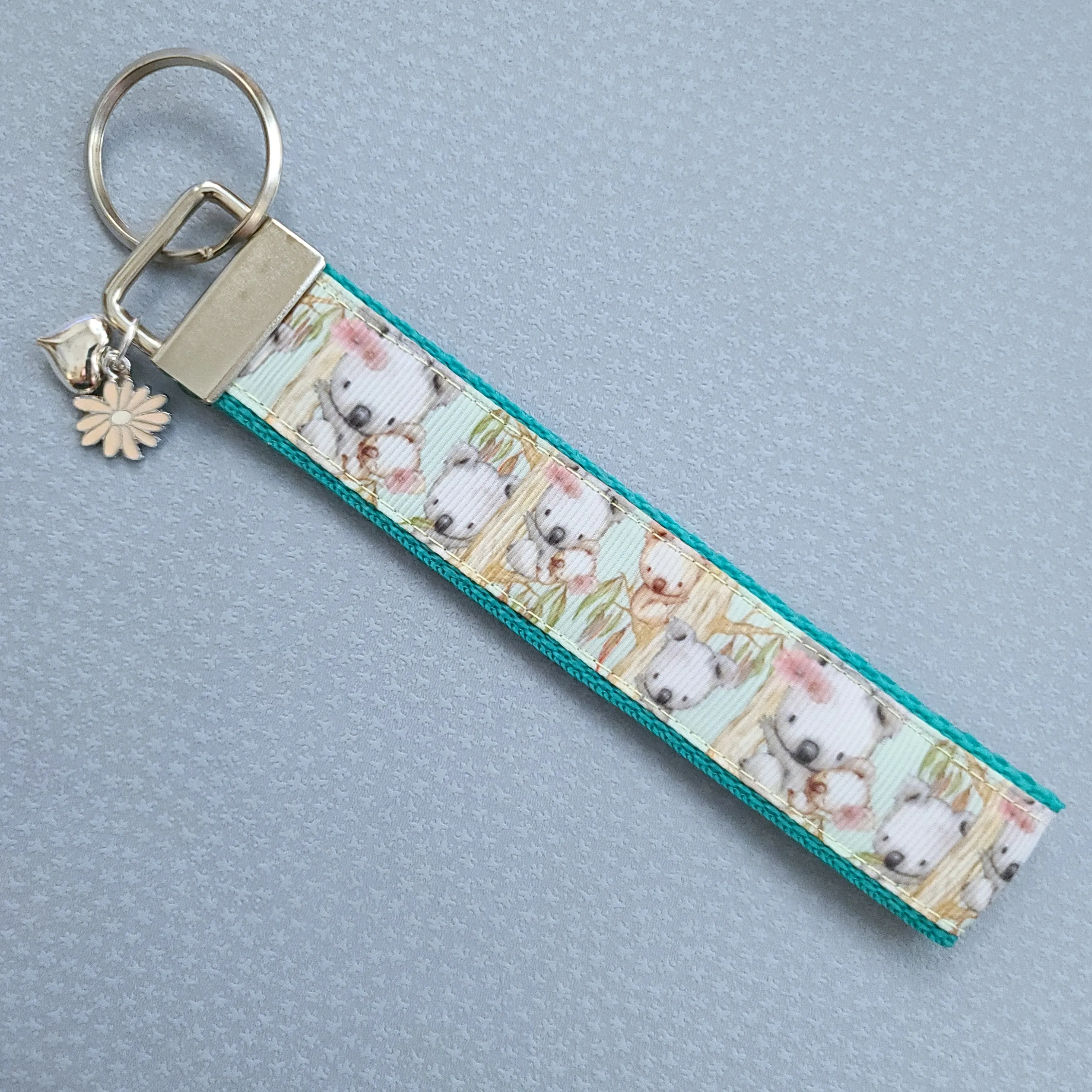 Koala Bears on Watercolor Bamboo Rose Gold Key Chain Fob with Rose Charm