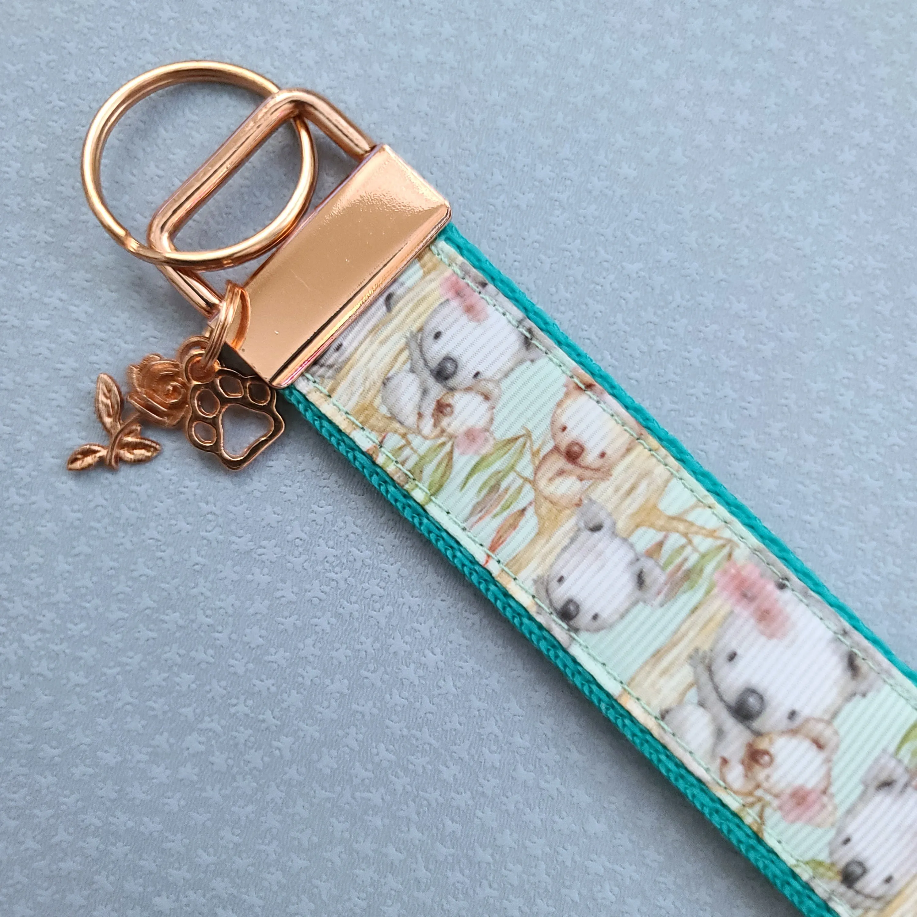 Koala Bears on Watercolor Bamboo Rose Gold Key Chain Fob with Rose Charm