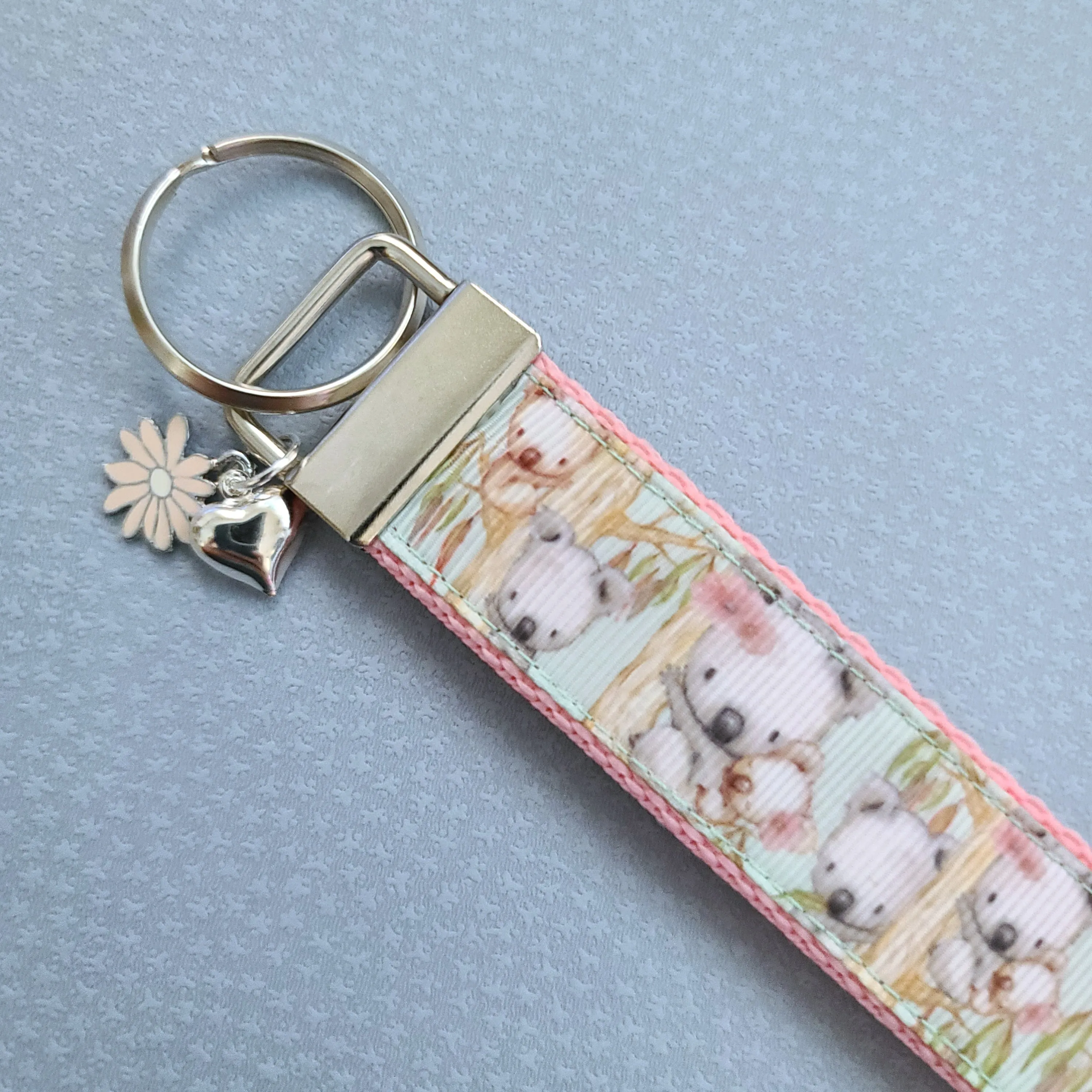 Koala Bears on Watercolor Bamboo Rose Gold Key Chain Fob with Rose Charm