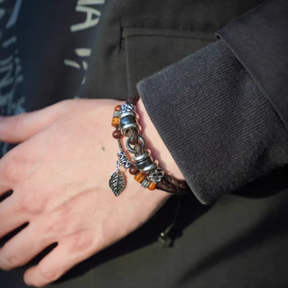 Korean Woven Leaf Pendant Leather Bracelet