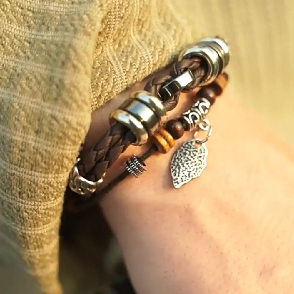 Korean Woven Leaf Pendant Leather Bracelet