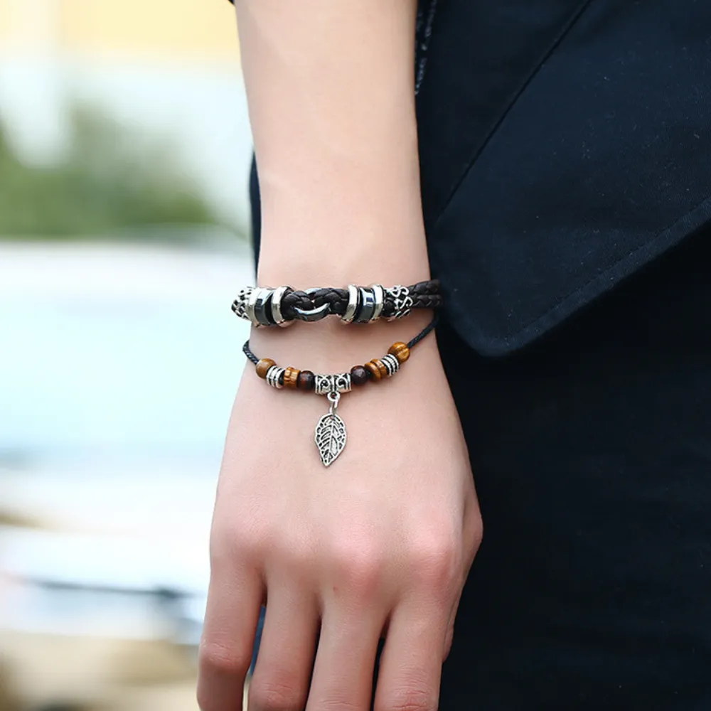 Korean Woven Leaf Pendant Leather Bracelet
