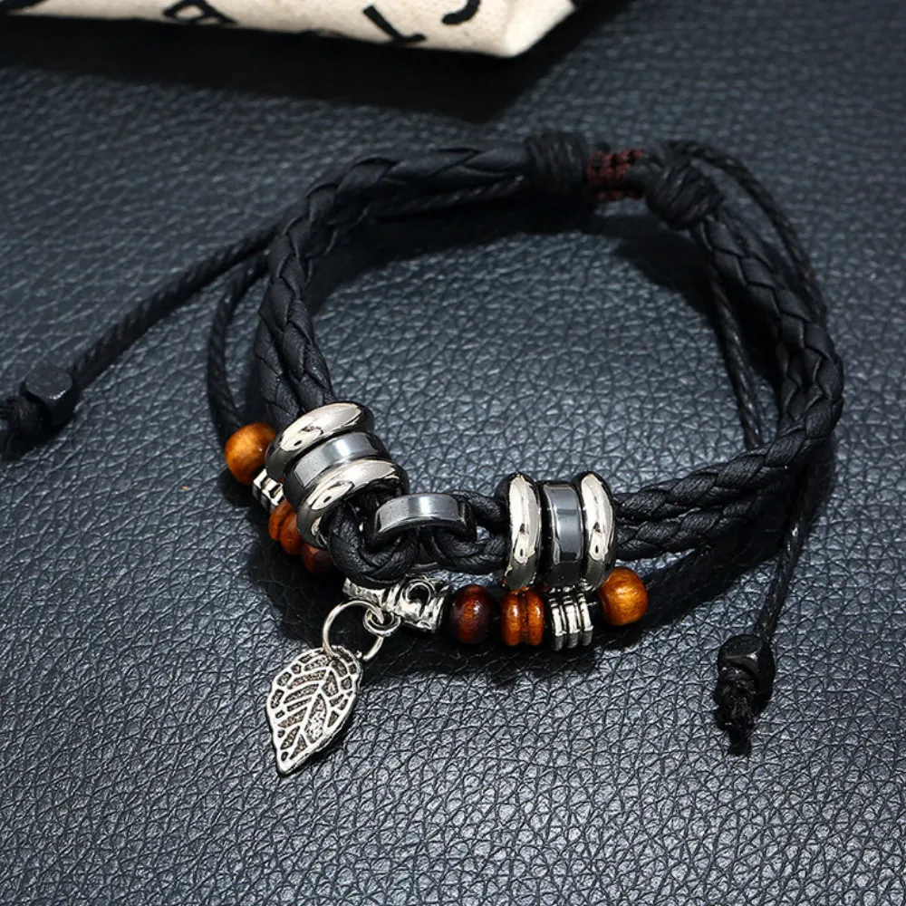Korean Woven Leaf Pendant Leather Bracelet
