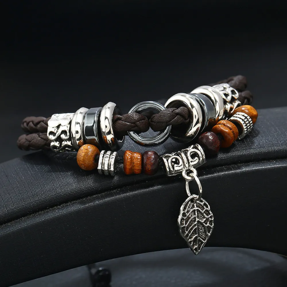 Korean Woven Leaf Pendant Leather Bracelet