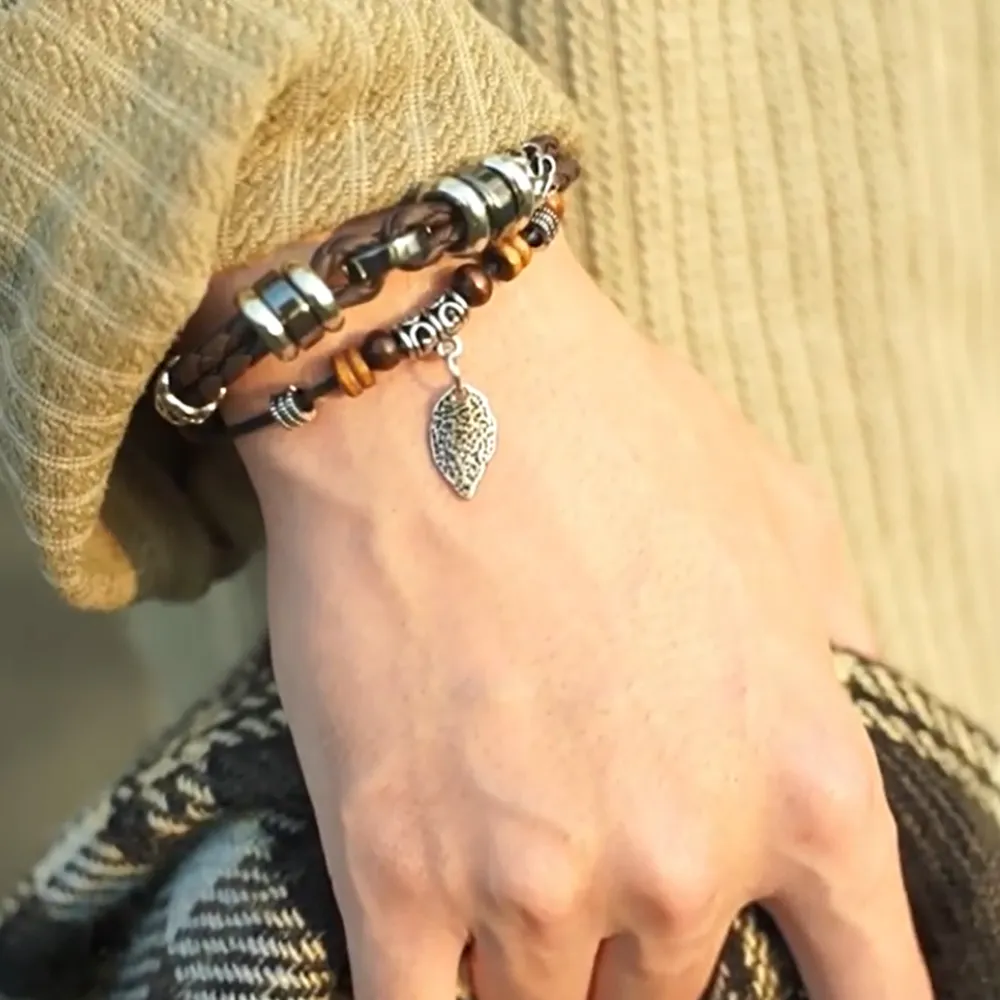 Korean Woven Leaf Pendant Leather Bracelet