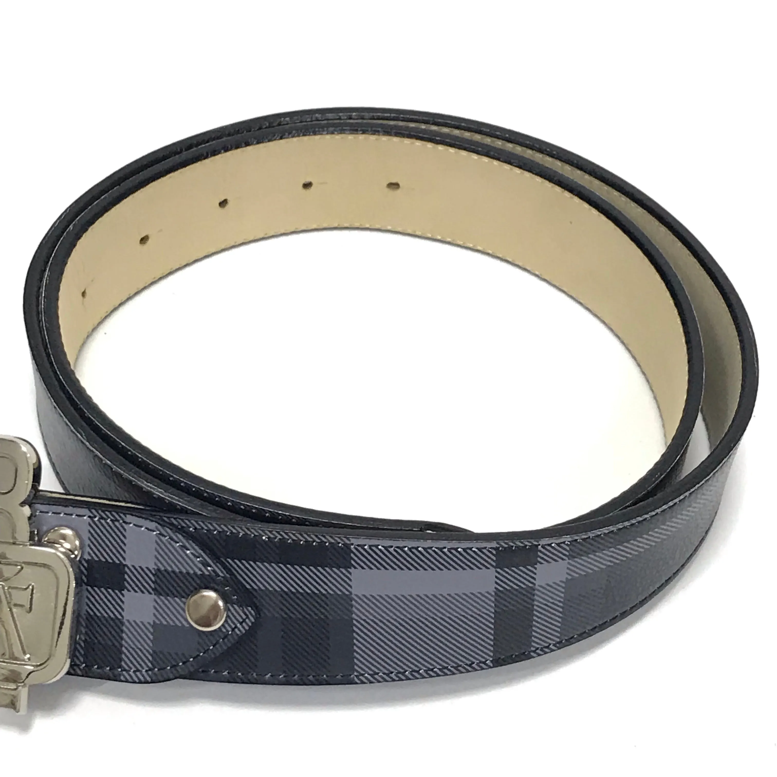 [L] A Bathing Ape Bape Nested Logo Plaid Leather Belt Black