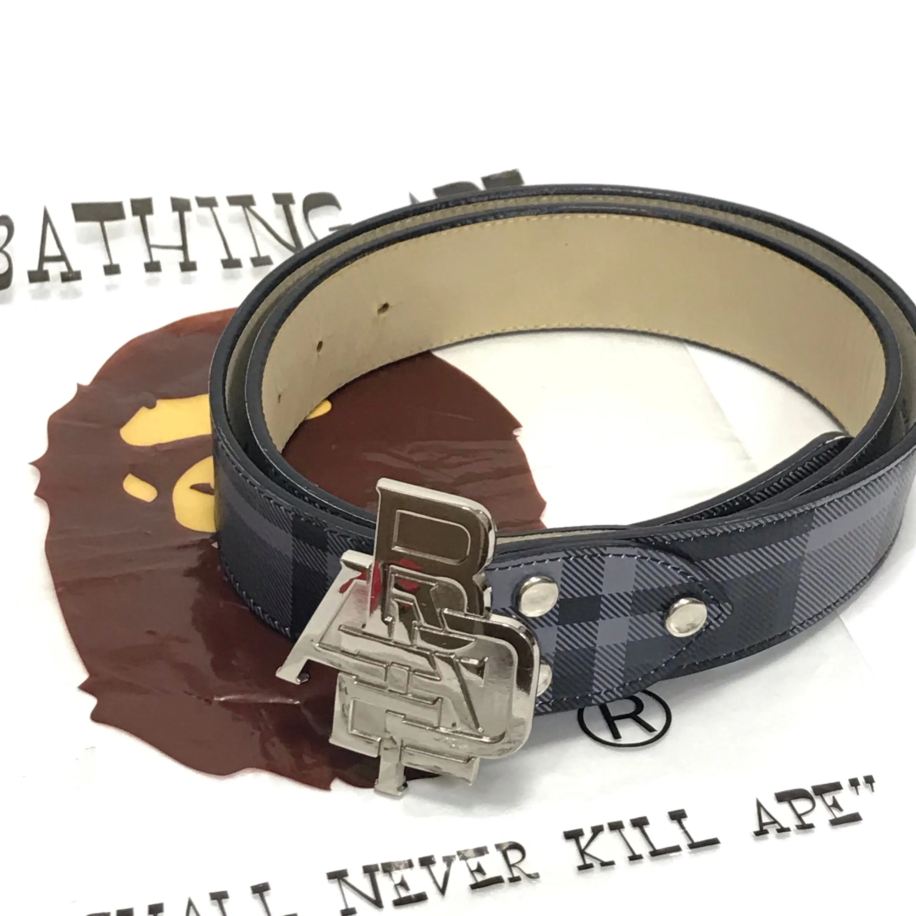 [L] A Bathing Ape Bape Nested Logo Plaid Leather Belt Black