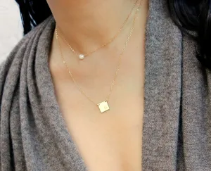 Layered Pearl and Square Necklace 6mm pearl & 10 mm charm