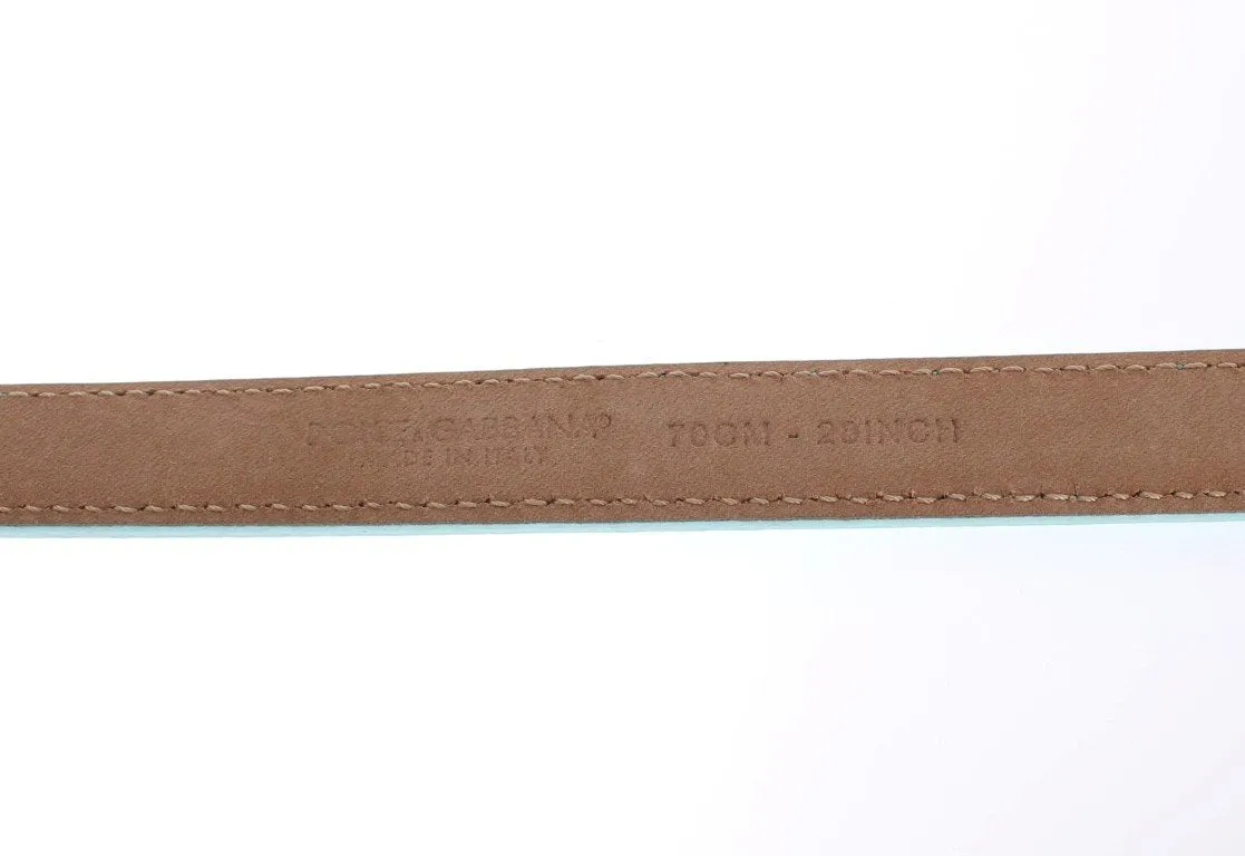 Light Blue Leather Gold Buckle Logo Belt