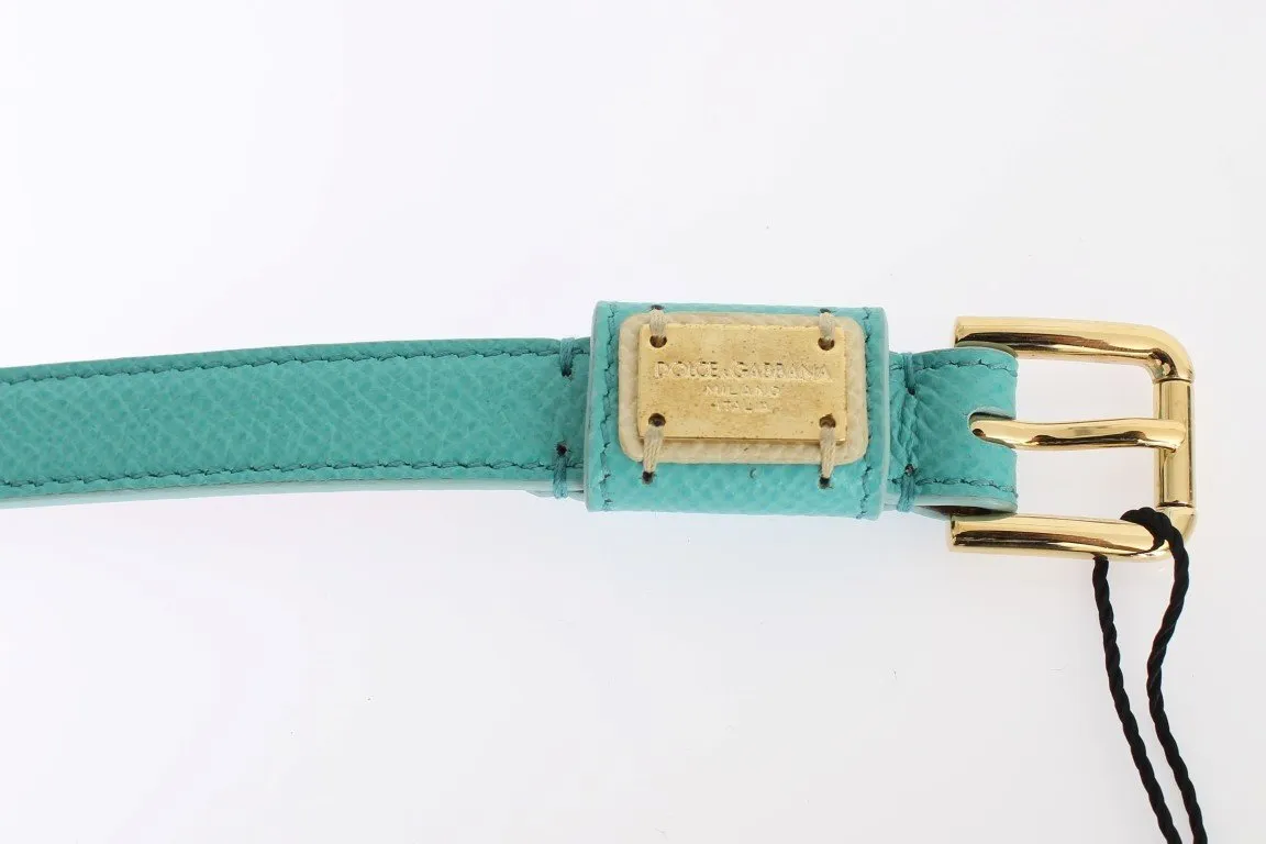 Light Blue Leather Gold Buckle Logo Belt