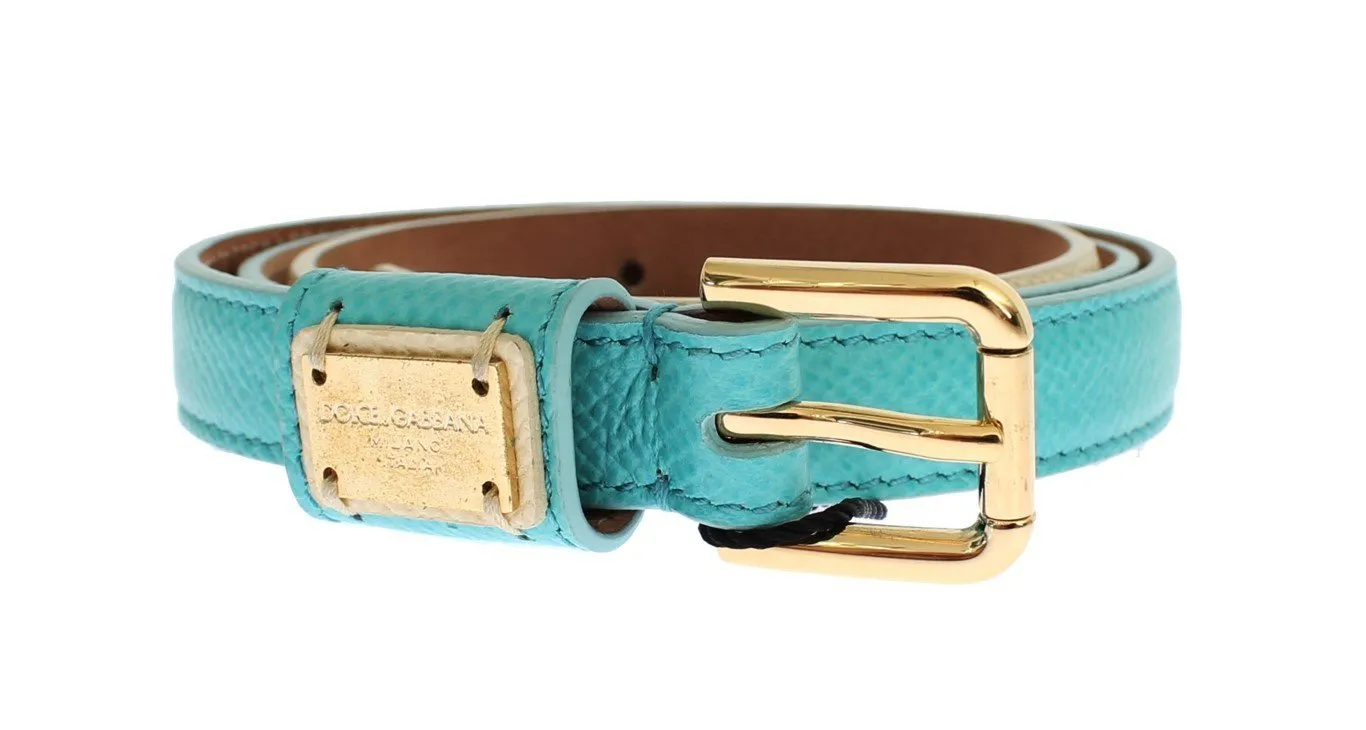 Light Blue Leather Gold Buckle Logo Belt