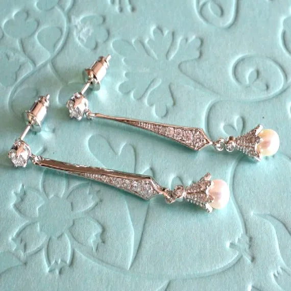 Long Cubic Zirconia Bridal Earrings, Pear Drop Wedding Earrings, Vintage Style Pear Earrings, CZ Crystal Dangle Earrings, Bridesmaid Earrings