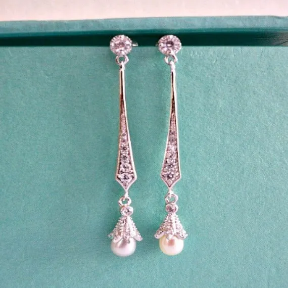 Long Cubic Zirconia Bridal Earrings, Pear Drop Wedding Earrings, Vintage Style Pear Earrings, CZ Crystal Dangle Earrings, Bridesmaid Earrings