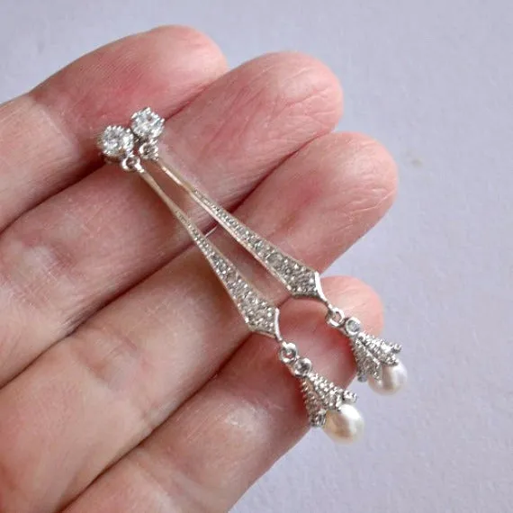 Long Cubic Zirconia Bridal Earrings, Pear Drop Wedding Earrings, Vintage Style Pear Earrings, CZ Crystal Dangle Earrings, Bridesmaid Earrings