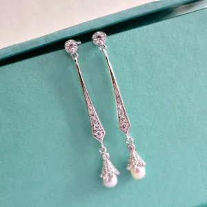 Long Cubic Zirconia Bridal Earrings, Pear Drop Wedding Earrings, Vintage Style Pear Earrings, CZ Crystal Dangle Earrings, Bridesmaid Earrings