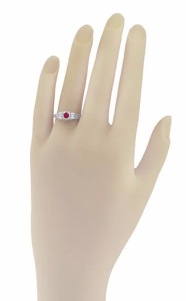 Low Profile Art Deco Ruby and Diamond Filigree Engagement Ring in Platinum