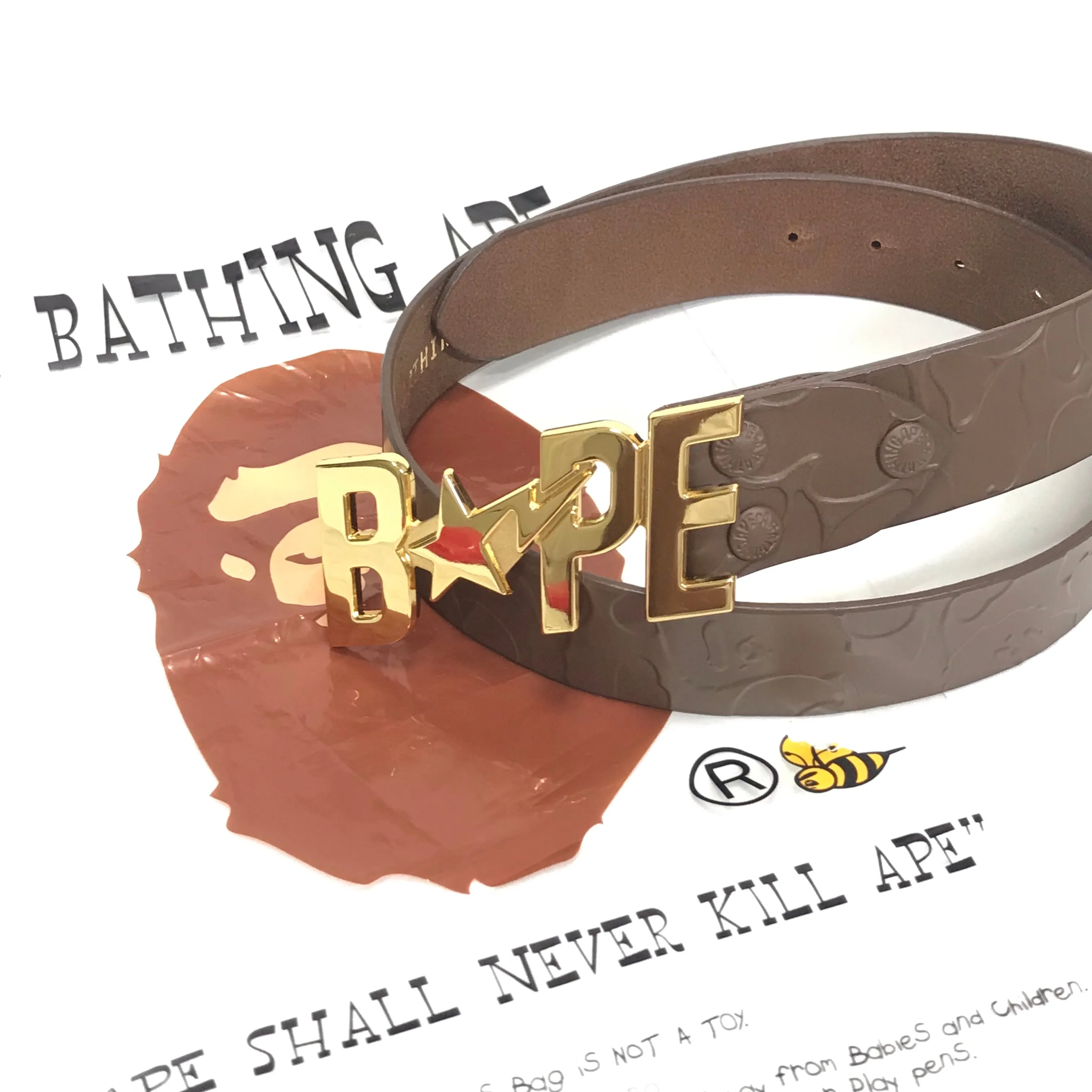 [M] DS! A Bathing Ape Bape Embossed Camo Leather Belt Brown/Gold