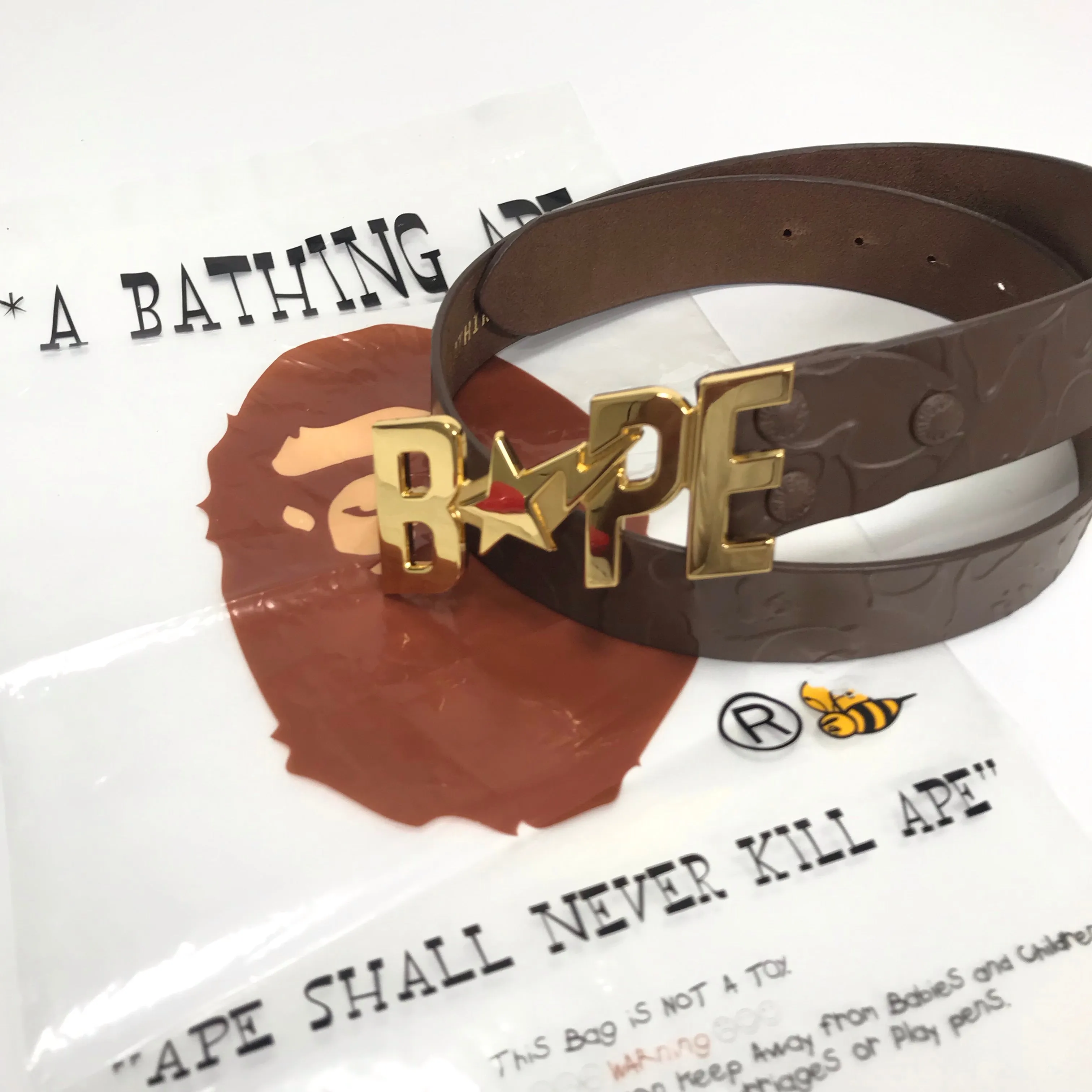 [M] DS! A Bathing Ape Bape Embossed Camo Leather Belt Brown/Gold