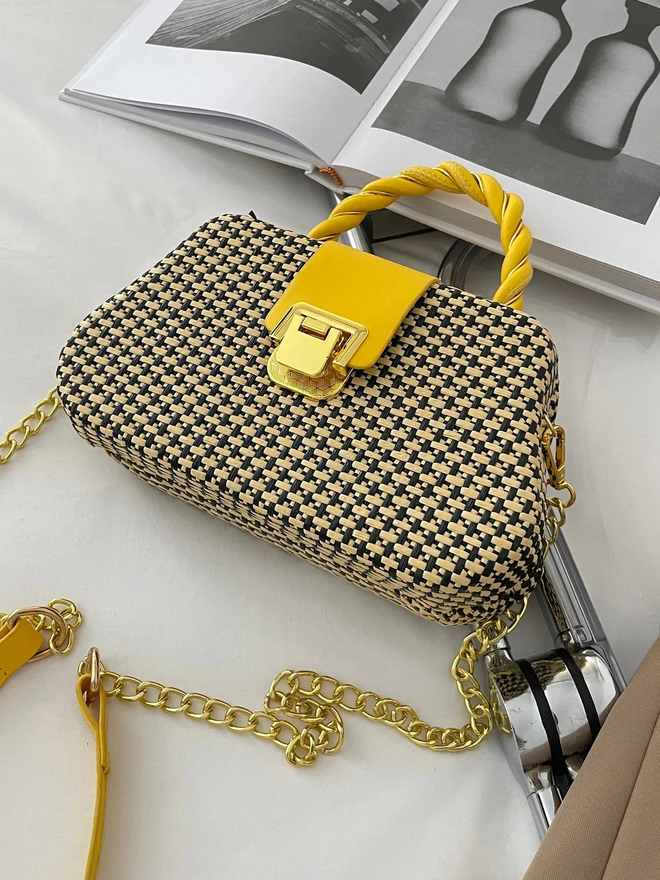 Metal Detail Color Block Box Bag - Yellow
