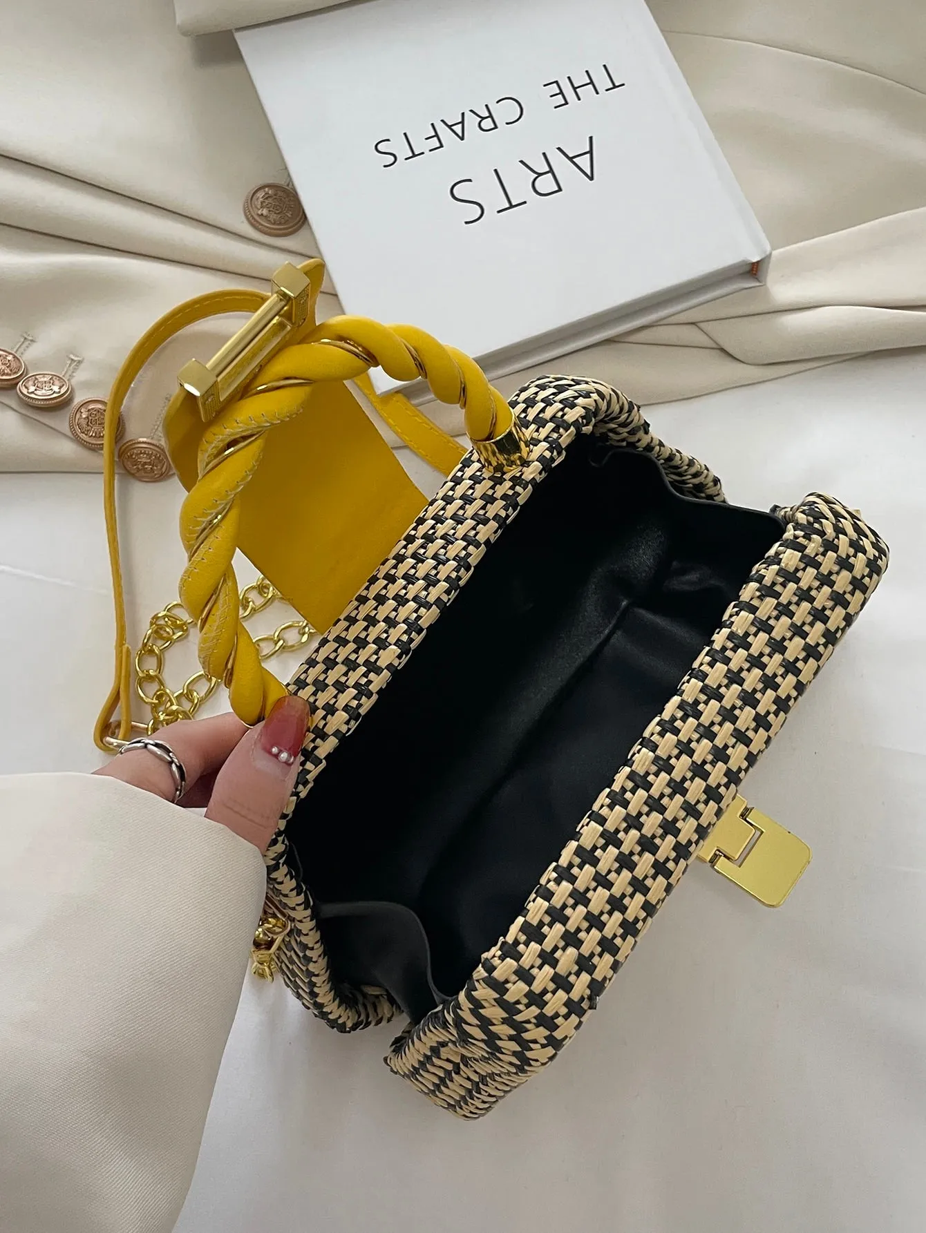 Metal Detail Color Block Box Bag - Yellow