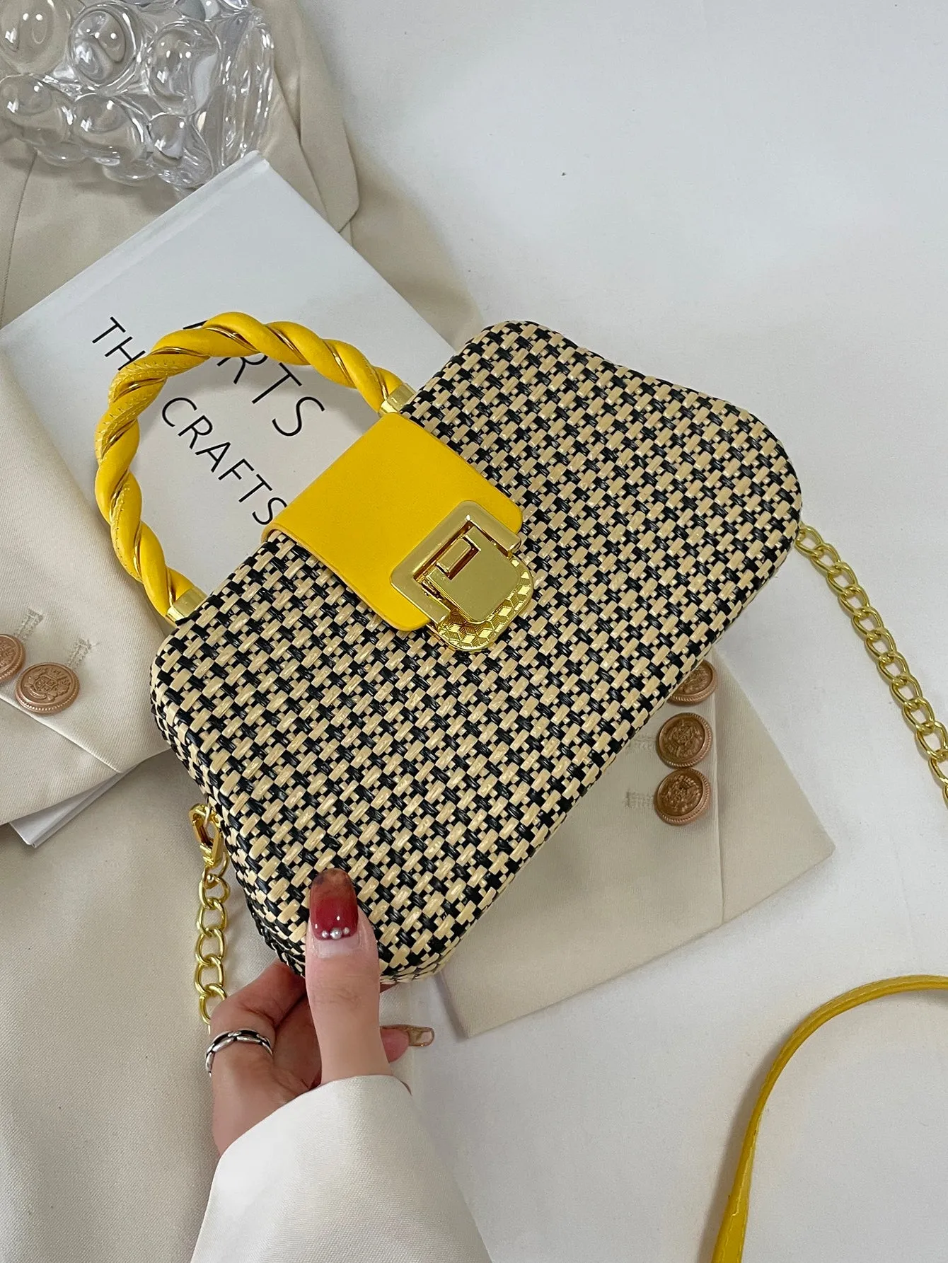 Metal Detail Color Block Box Bag - Yellow