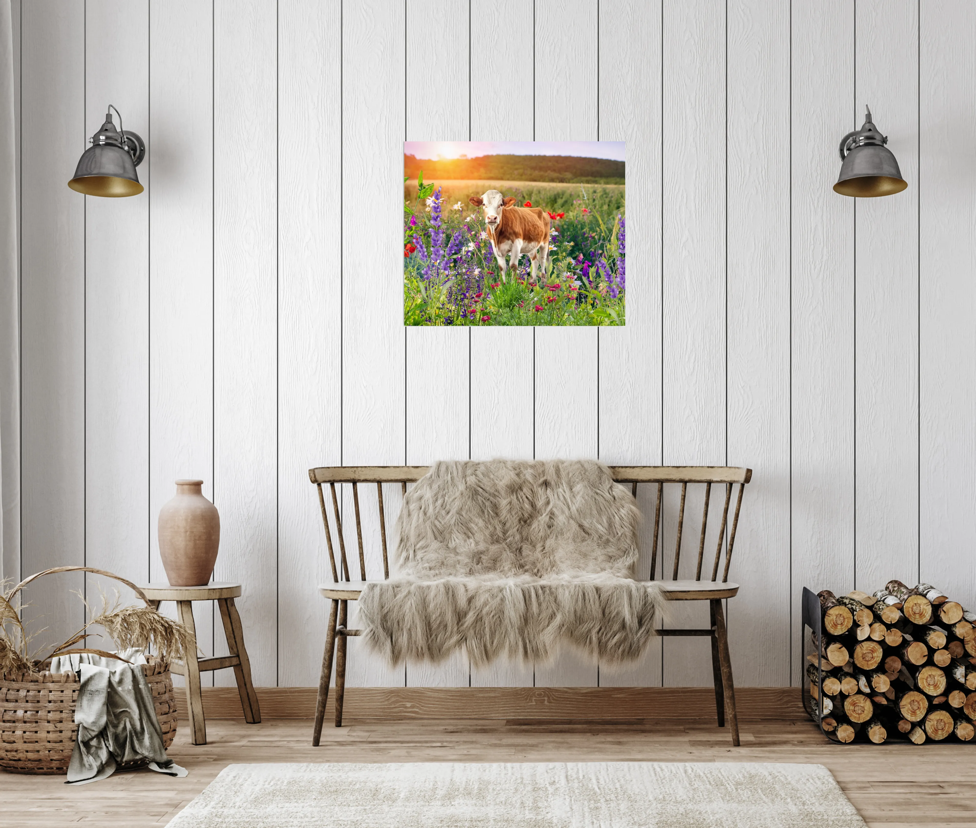 Metal Print -Colorful Floral Bovine Graphic- Modern Farmhouse Style Wall Art-five sizes
