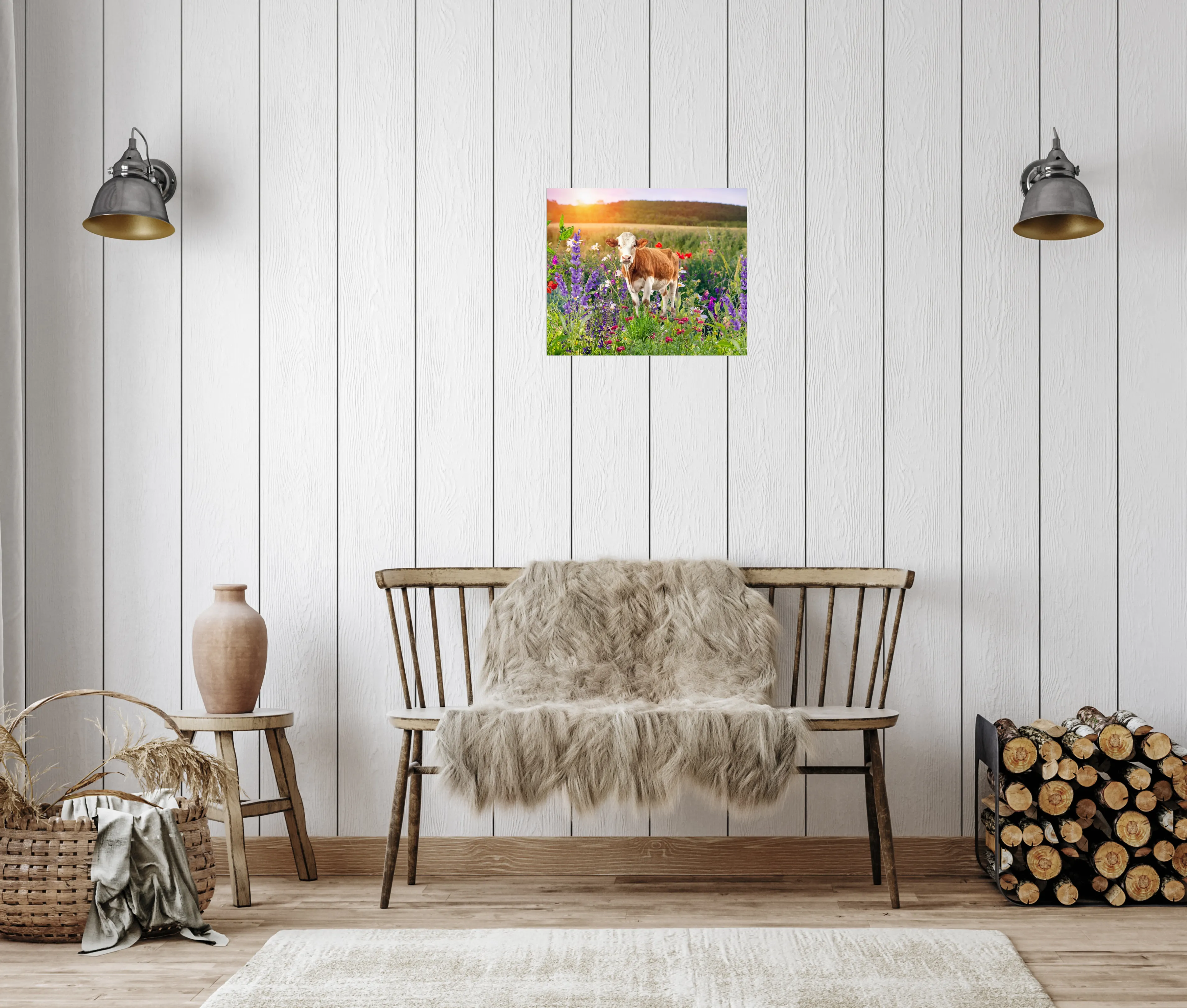Metal Print -Colorful Floral Bovine Graphic- Modern Farmhouse Style Wall Art-five sizes