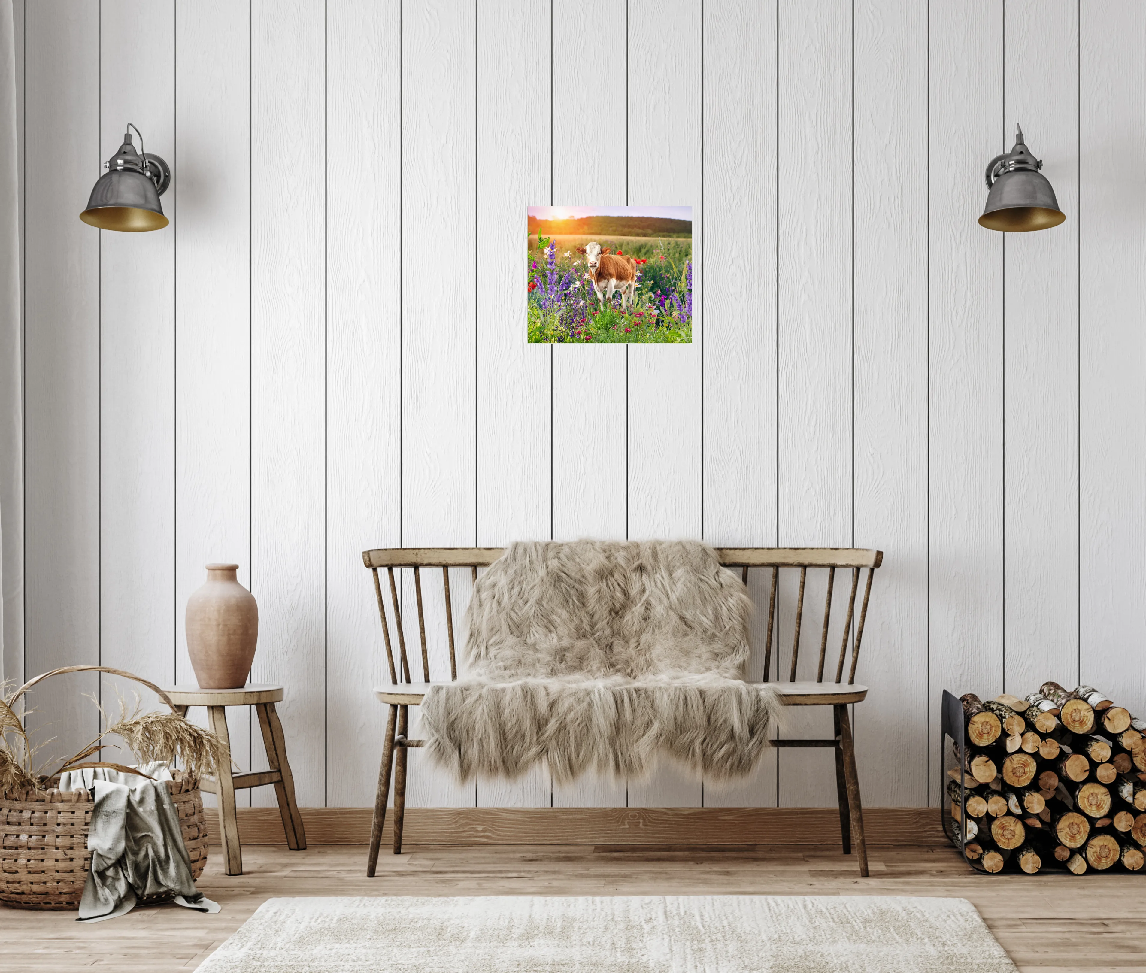 Metal Print -Colorful Floral Bovine Graphic- Modern Farmhouse Style Wall Art-five sizes