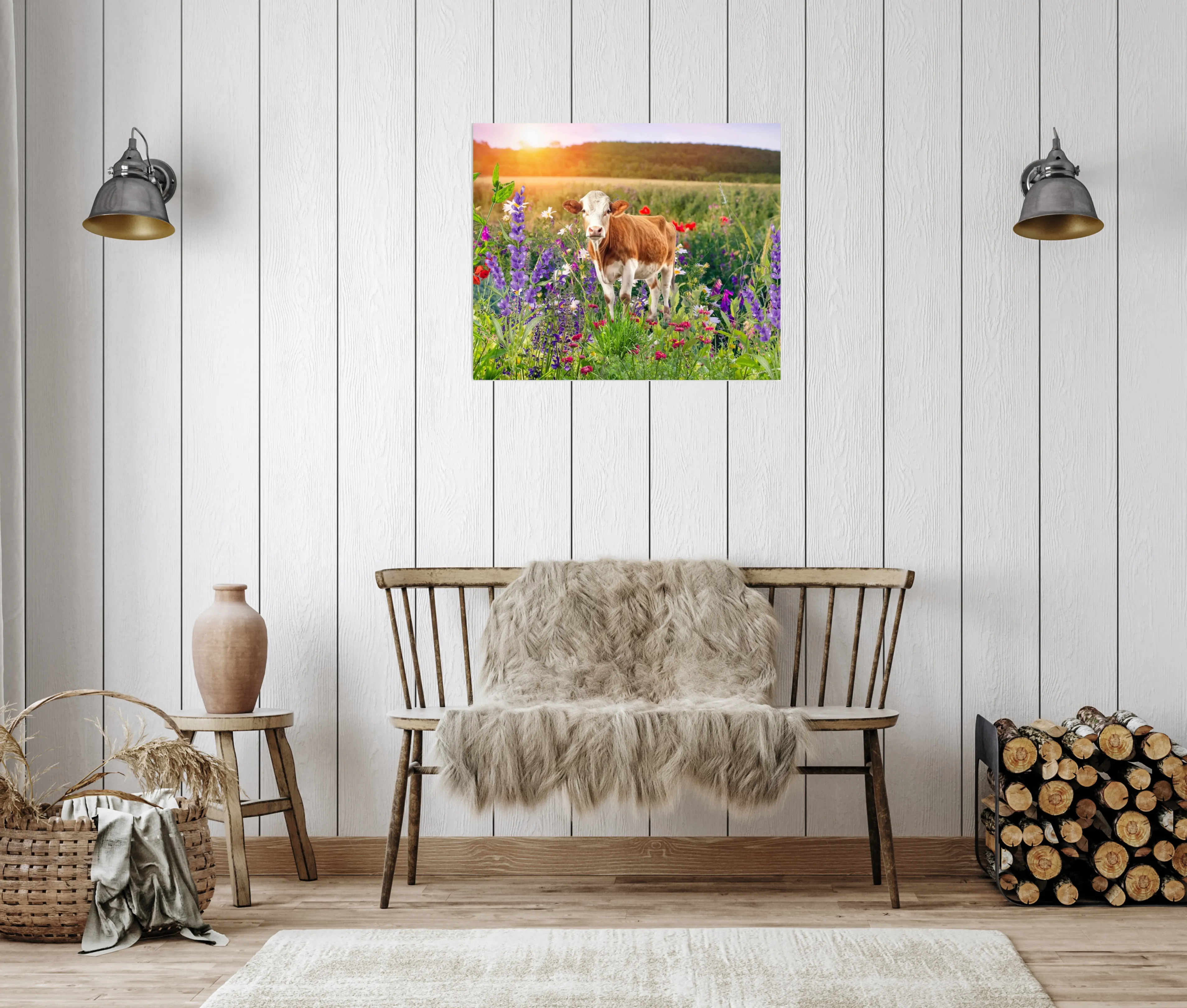 Metal Print -Colorful Floral Bovine Graphic- Modern Farmhouse Style Wall Art-five sizes