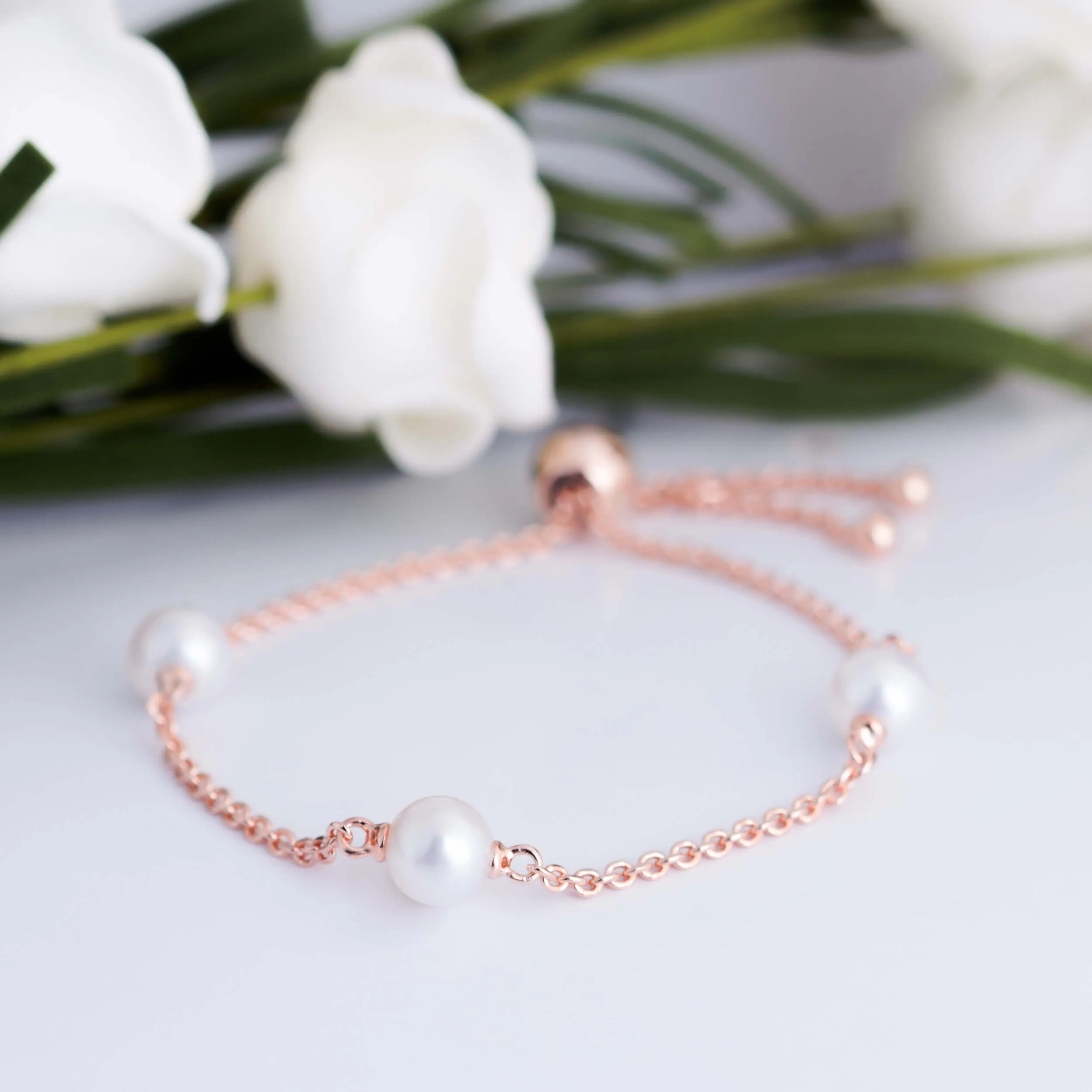 Molah Silver Rose Gold Plated Freshwater Pearl and Cubic Zirconia Bolo Adjustable Bracelet