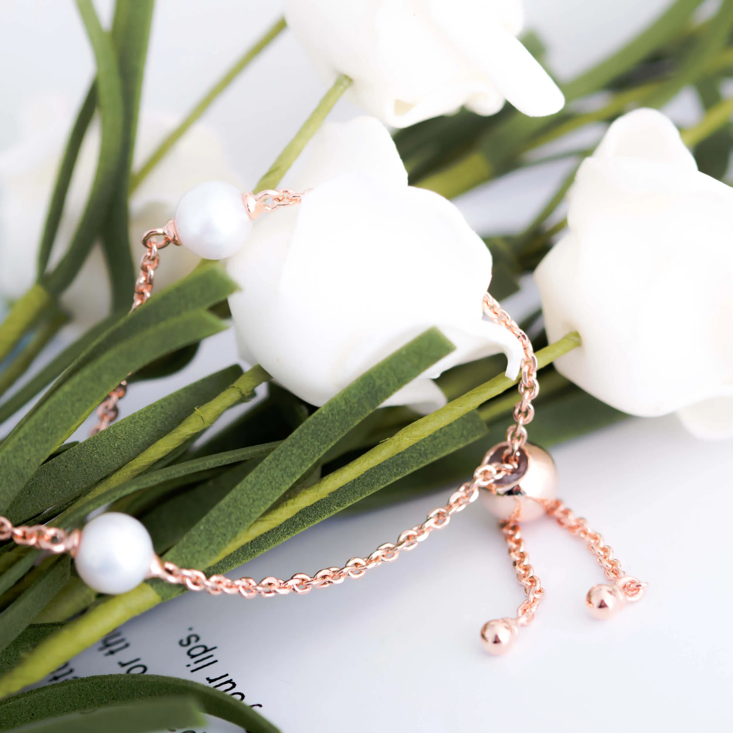 Molah Silver Rose Gold Plated Freshwater Pearl and Cubic Zirconia Bolo Adjustable Bracelet