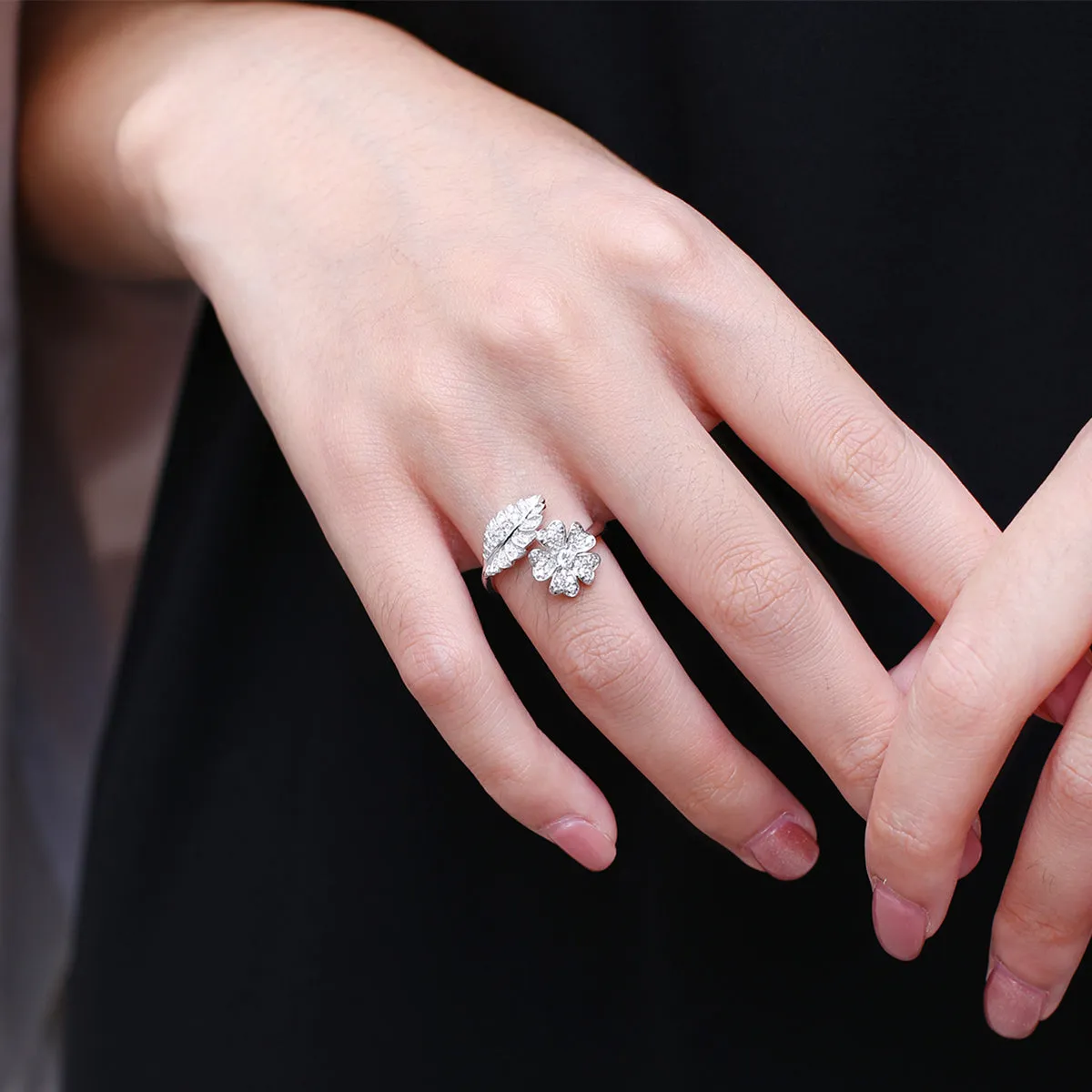 Nature Inspired Flower Leaf Diamond Wrap Ring