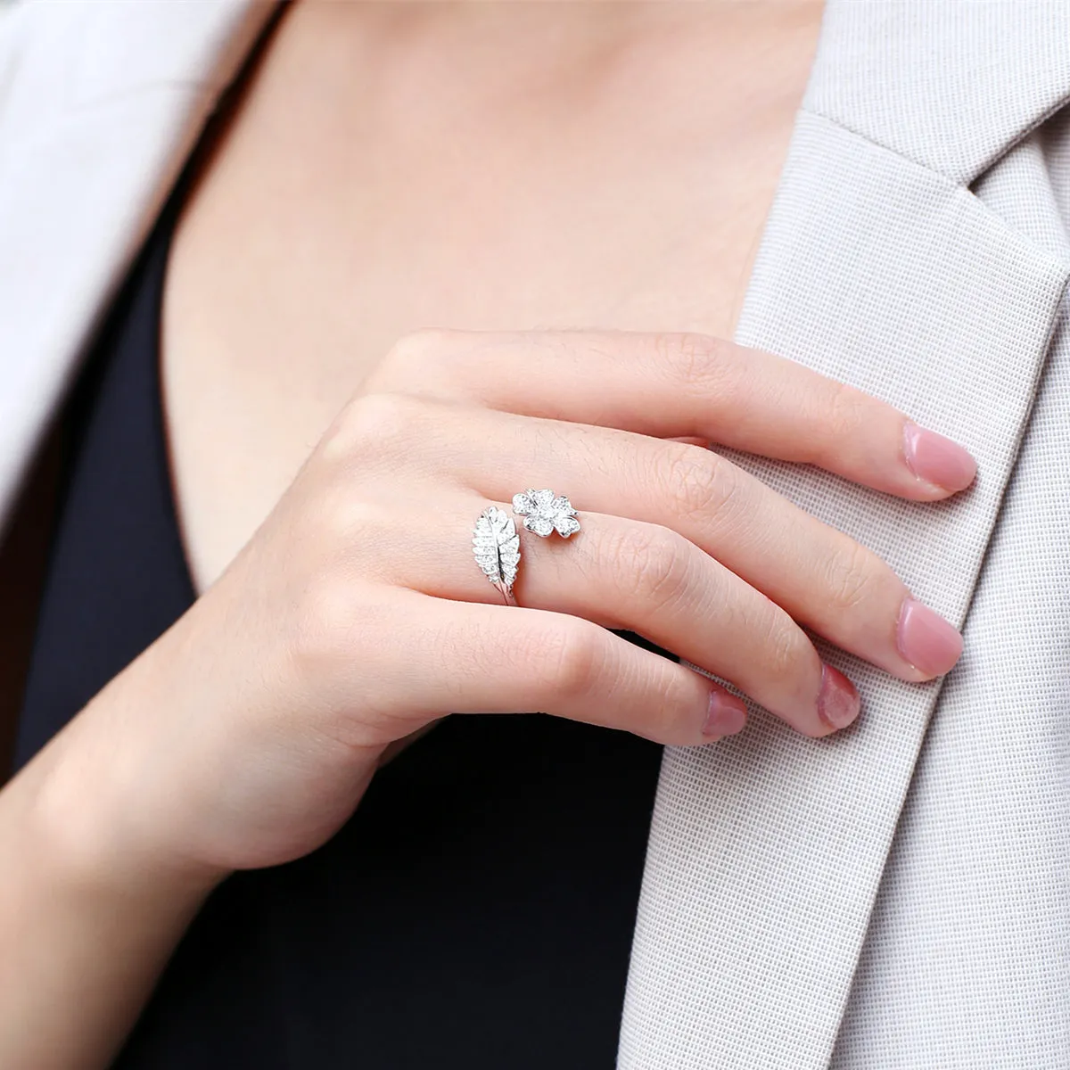 Nature Inspired Flower Leaf Diamond Wrap Ring