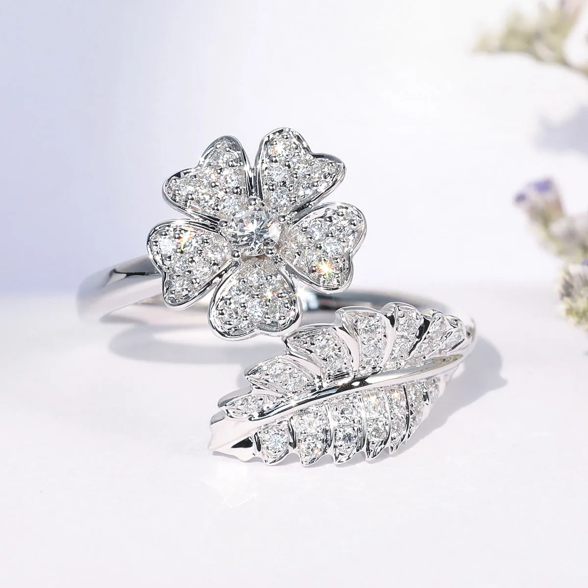 Nature Inspired Flower Leaf Diamond Wrap Ring