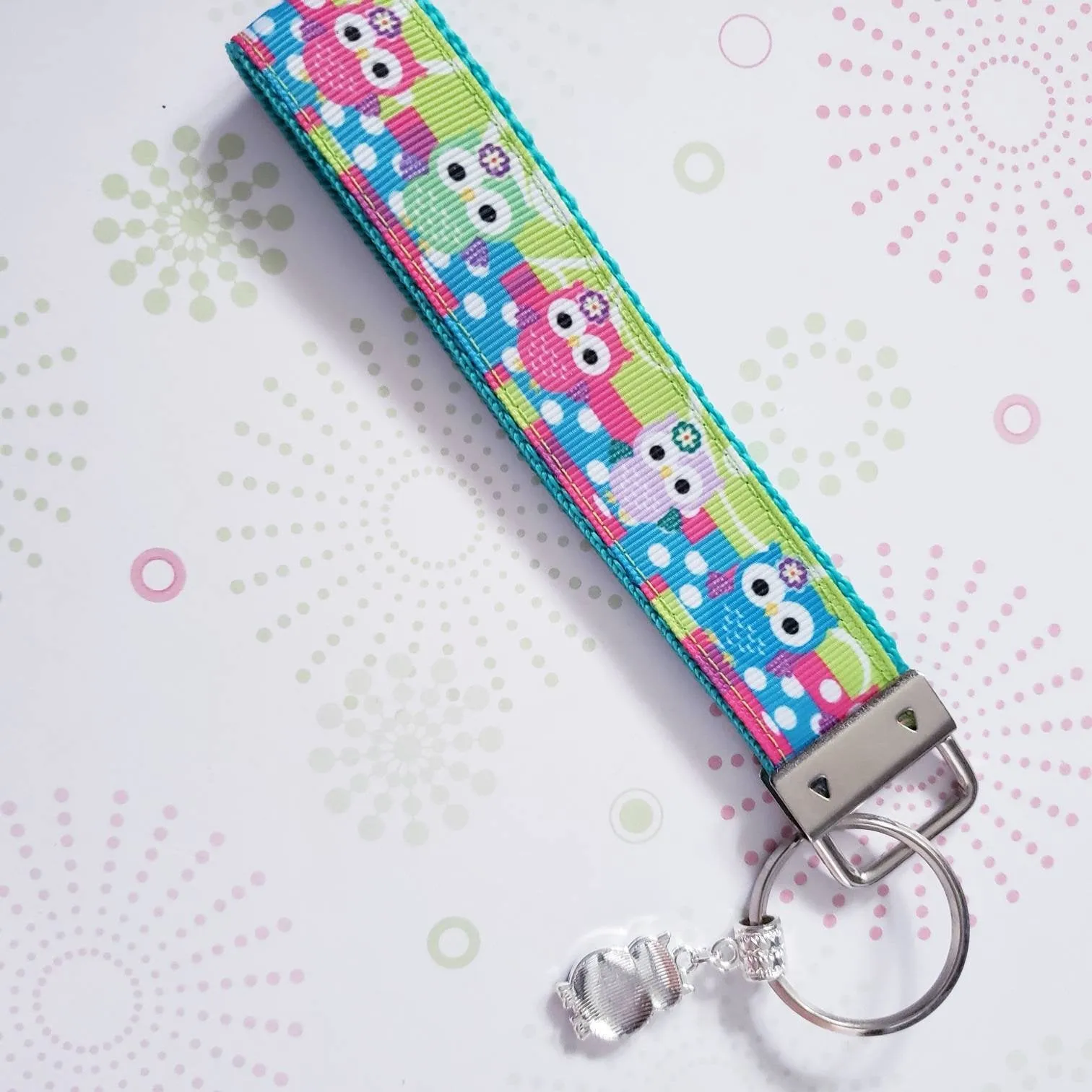Owls on Polka Dot Path Key Chain Fob with Bling Owl Charm