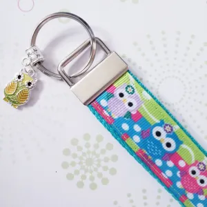 Owls on Polka Dot Path Key Chain Fob with Bling Owl Charm