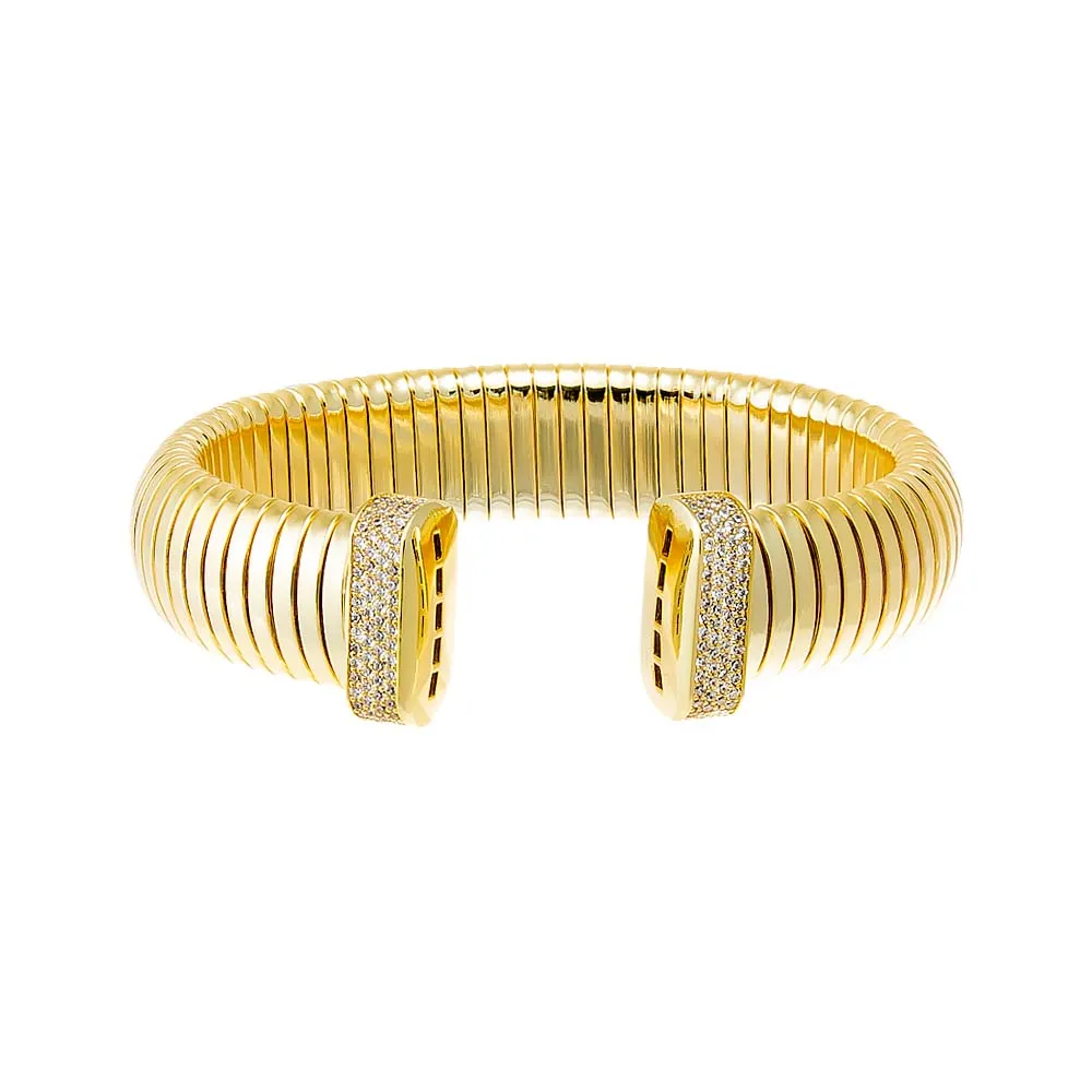 Pave Accented Wide Ridged Bangle Bracelet