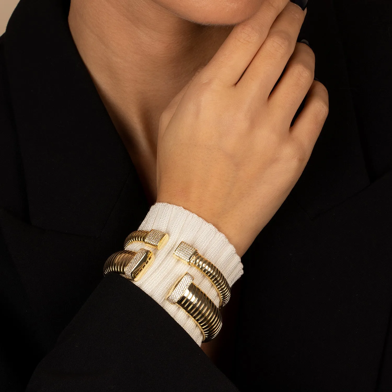 Pave Accented Wide Ridged Bangle Bracelet