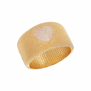 Pave Heart Accented Wide Mesh Bangle Bracelet